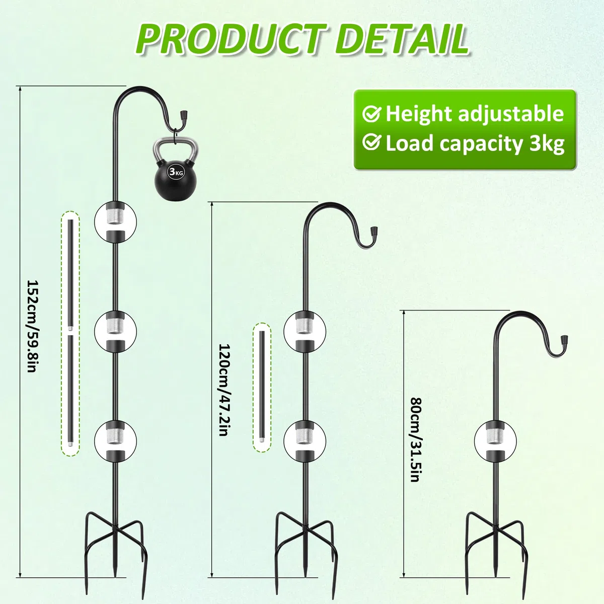 2 ganci da pastore da 124 cm, palo da giardino resistente con base a 5 punte, gancio da pastore, palo per mangiatoia per uccelli da giardino, palo in metallo per esterni, portata 3 kg, per lanterne