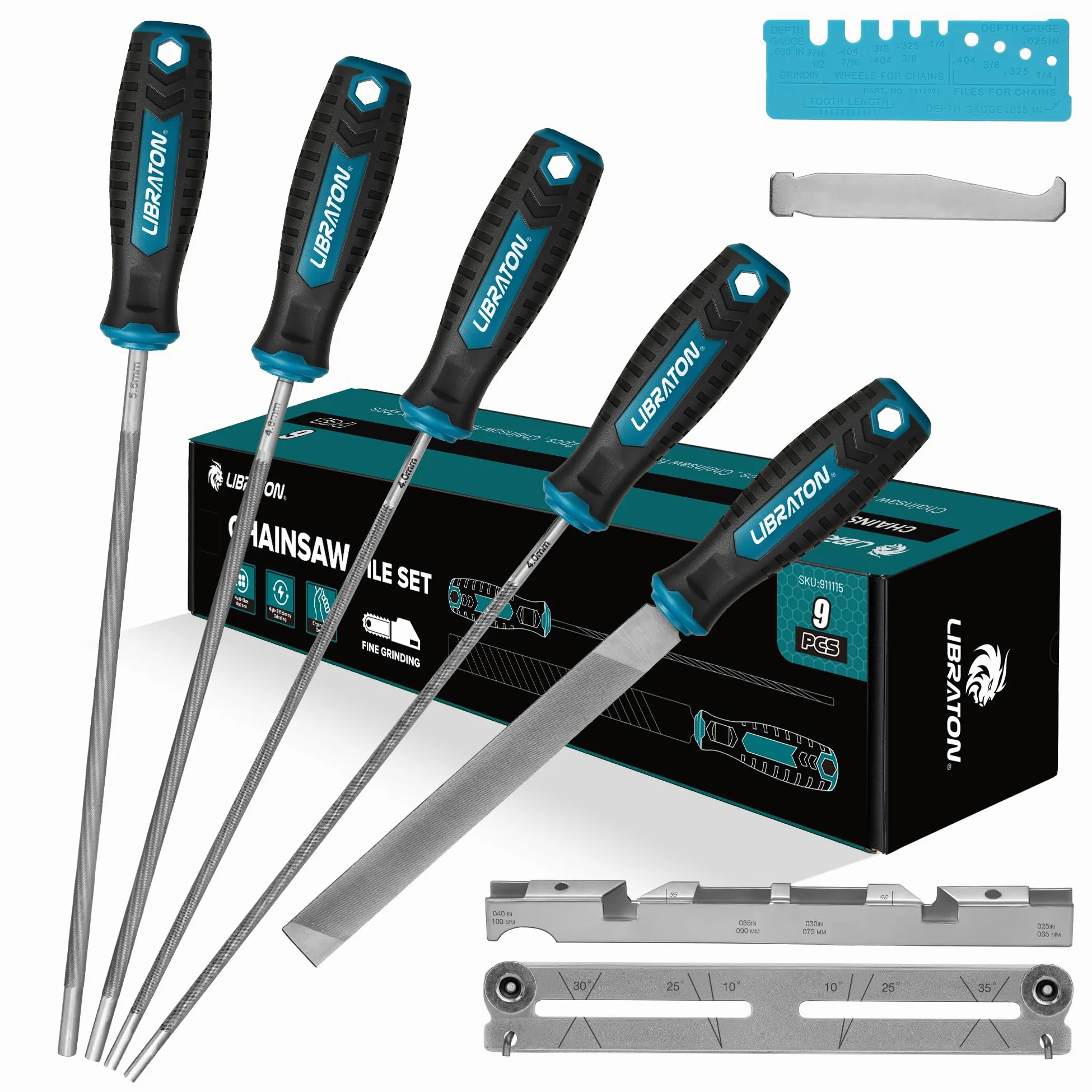 Set di lima per motosega LIBRATON, lima da 4 mm, 4,8 mm, 5,6 mm per affilatura motosega, affilatore per motosega, lima per catena di motosega rotonda, lima piatta da 15 cm, calibrato di profondità
