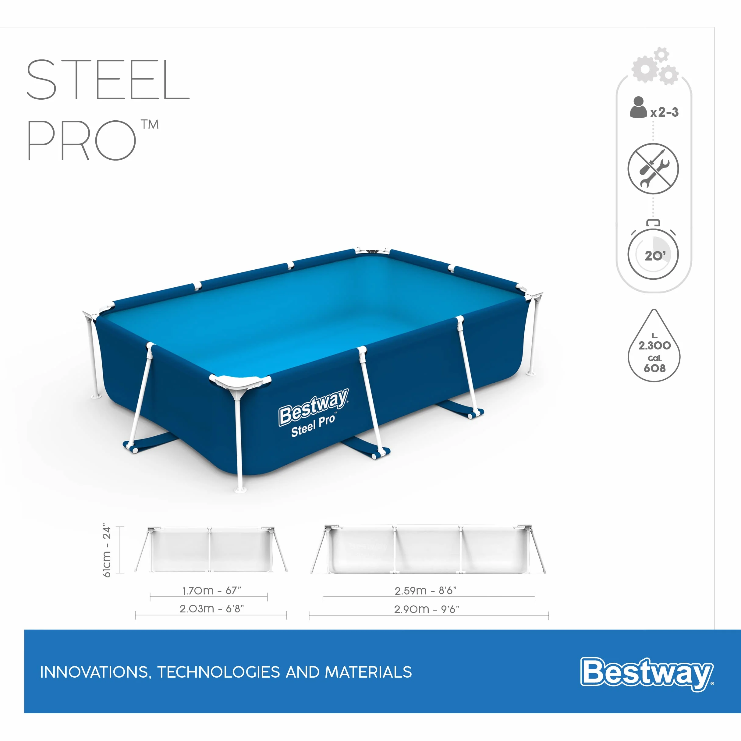 Bestway Piscine Fuoriterra, 8'6" x 67" x 24"/2.59 m x 1.70 m x 61 cm Pool