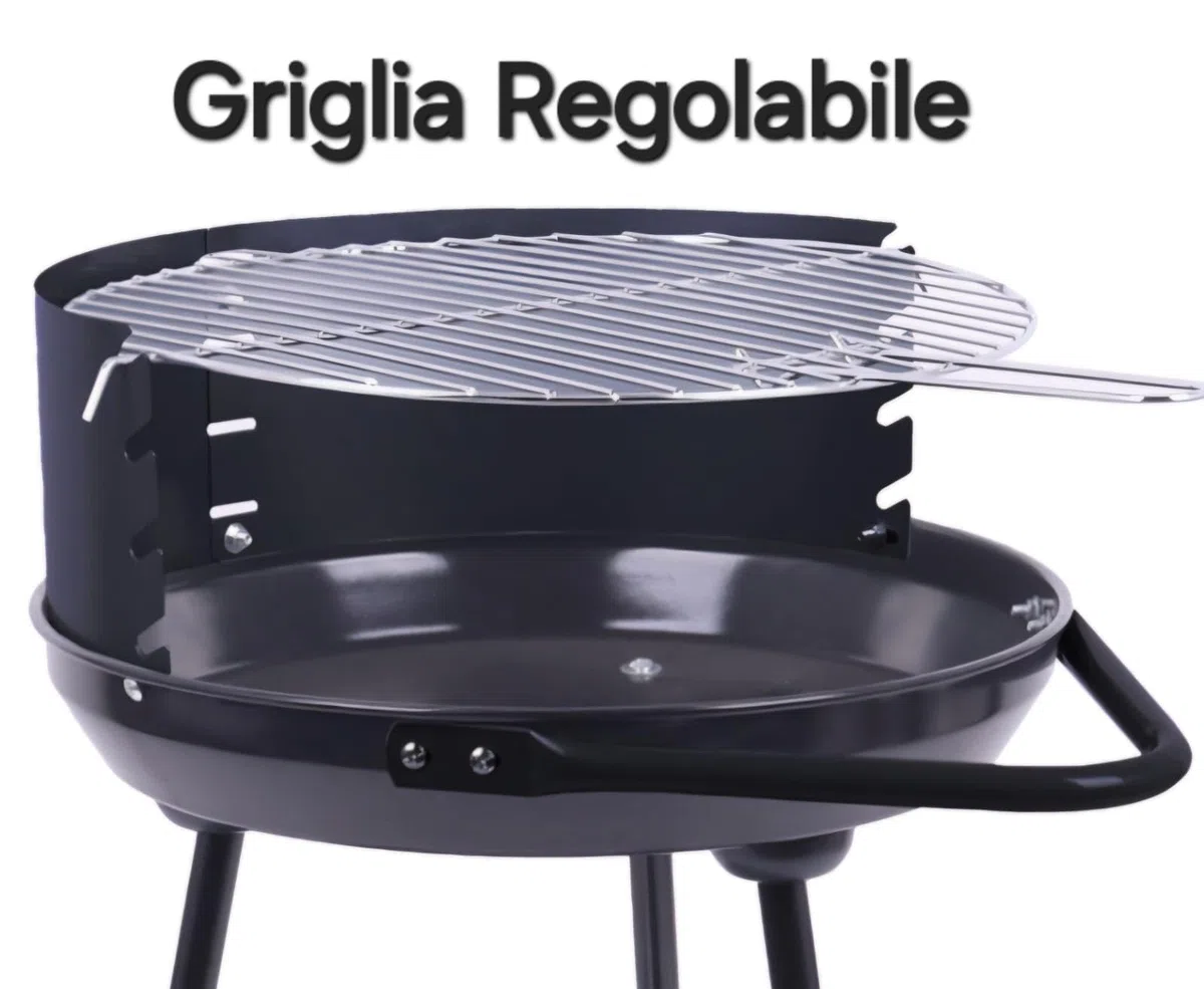 Barbecue Rotondo BBQ con Ruote Empotec da Esterno Griglia Cromata 42 x 77cm Regolabile 3 altezze Maniglia Grande Piano Inferiore 3 Gambe Ripiano D'Appoggio Cottura Grill Paravento Alto 15cm