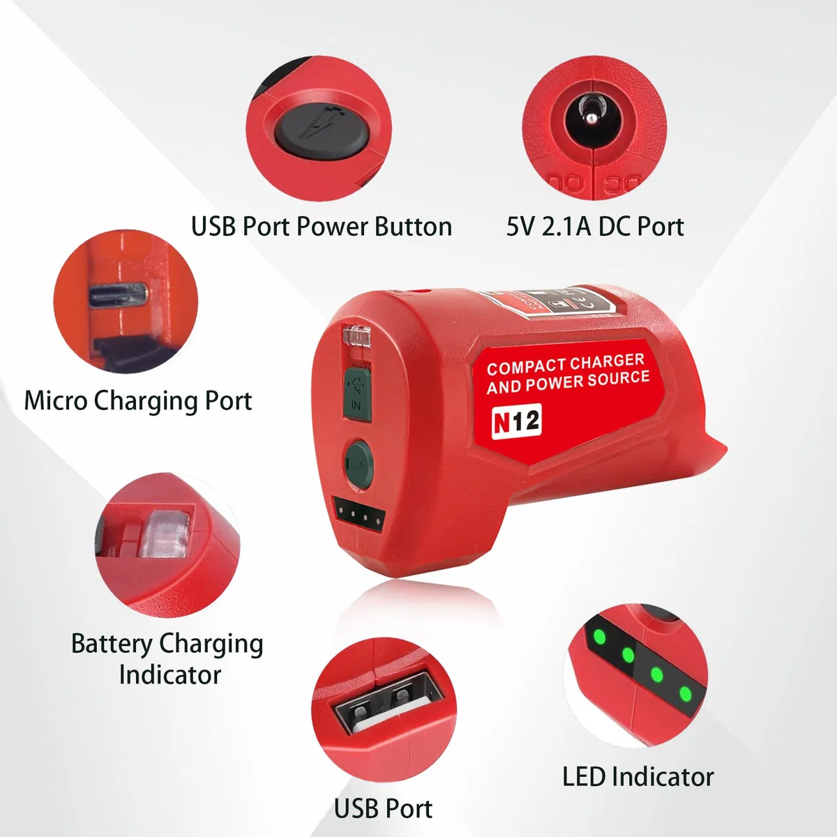 Adattatore Milwaukee per batteria 12 V, ingresso C, uscita USB e DC 12 V per guaina riscaldante, ricambio 48-59-1201 49-24-2310