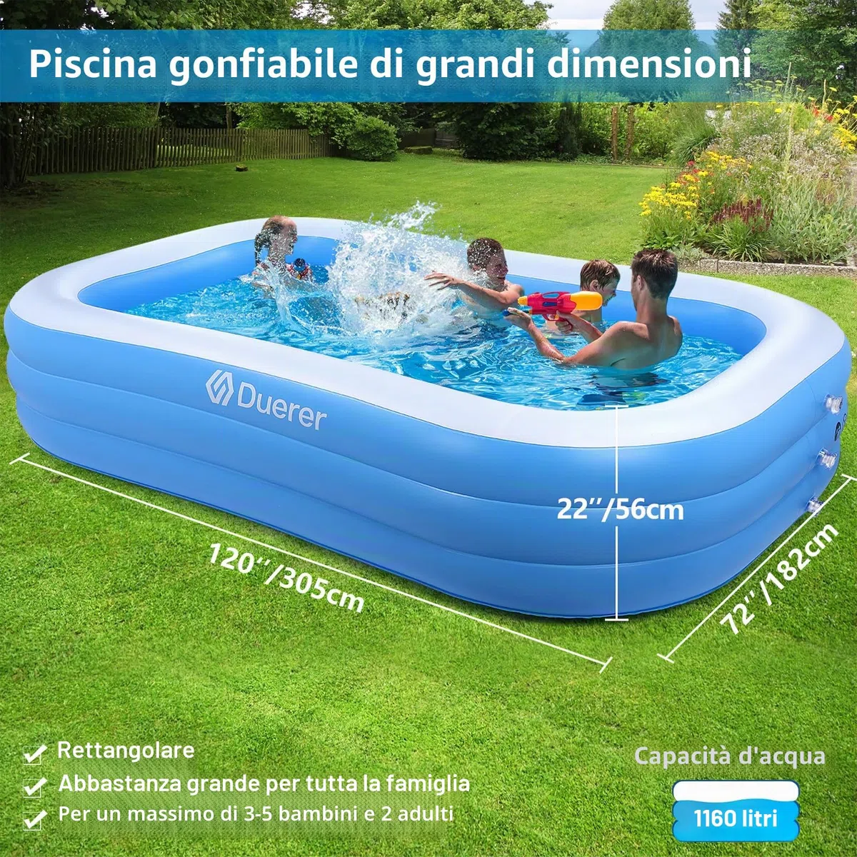 Duerer Piscina Gonfiabile Bambini con Adulti Rettangolare 305cm x 182cm x 56cm, Piscine fuori terra, Piscina per Famiglie per Cortile, Festa Estiva in Acqua, all'aperto Giardino swimming pool