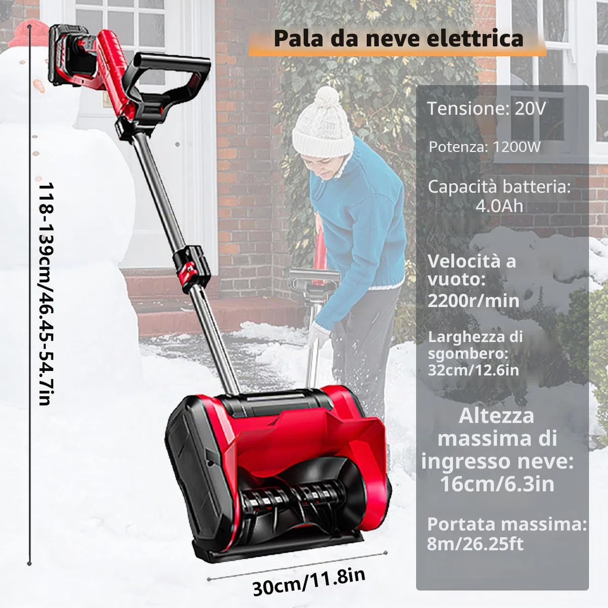 Pala da Neve elettrica, Pala da Neve Leggera e Staccabile per vialetto, Distanza di Lancio 26 Piedi, Pala spazzaneve per vialetto, Batteria da 4,0 Ah + caricabatteria