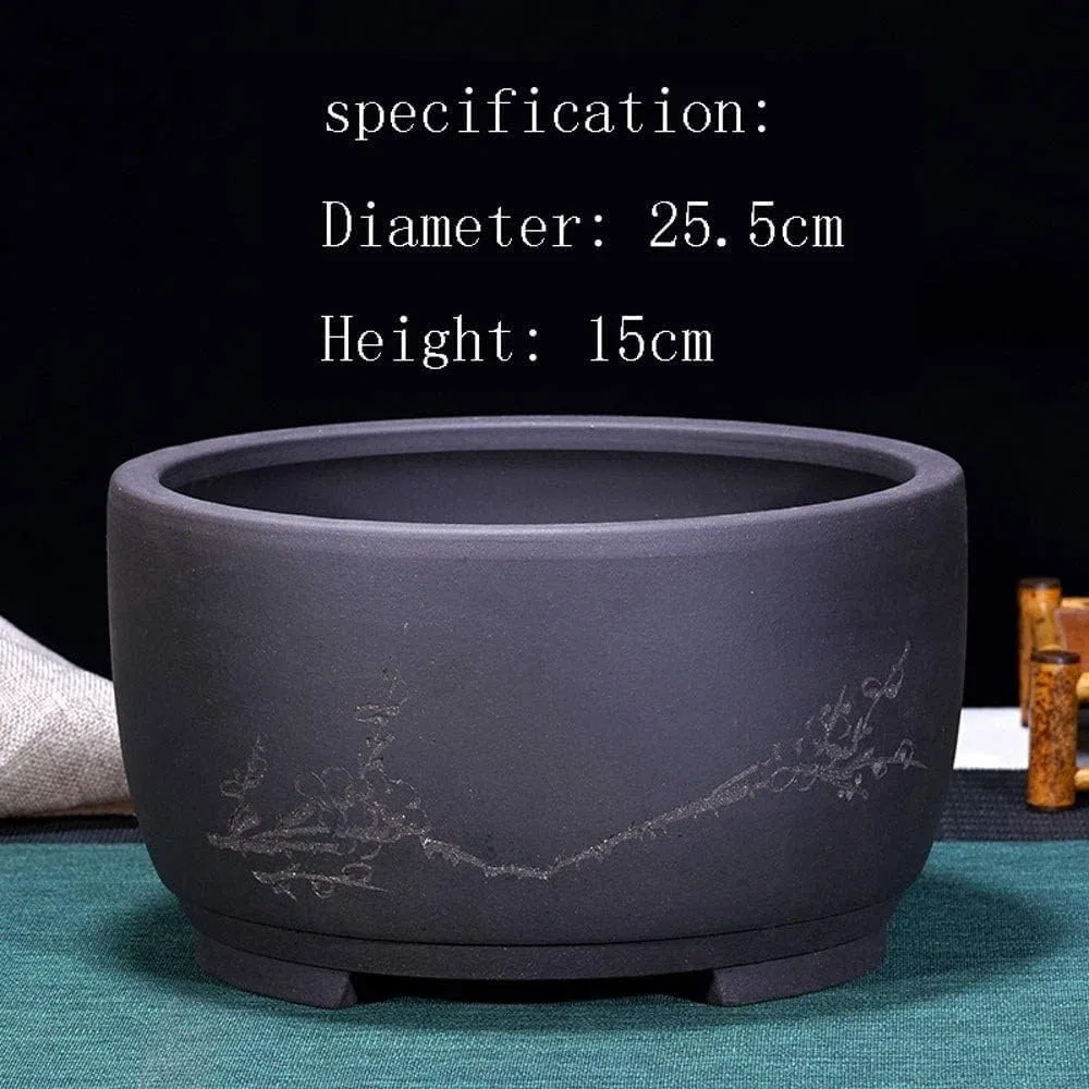 Generico Vaso bonsai tradizionale cinese in ceramica nera opaca con foro di drenaggio, fioriera rotonda floreale incisa for piante grasse da interno, decorazioni for la casa