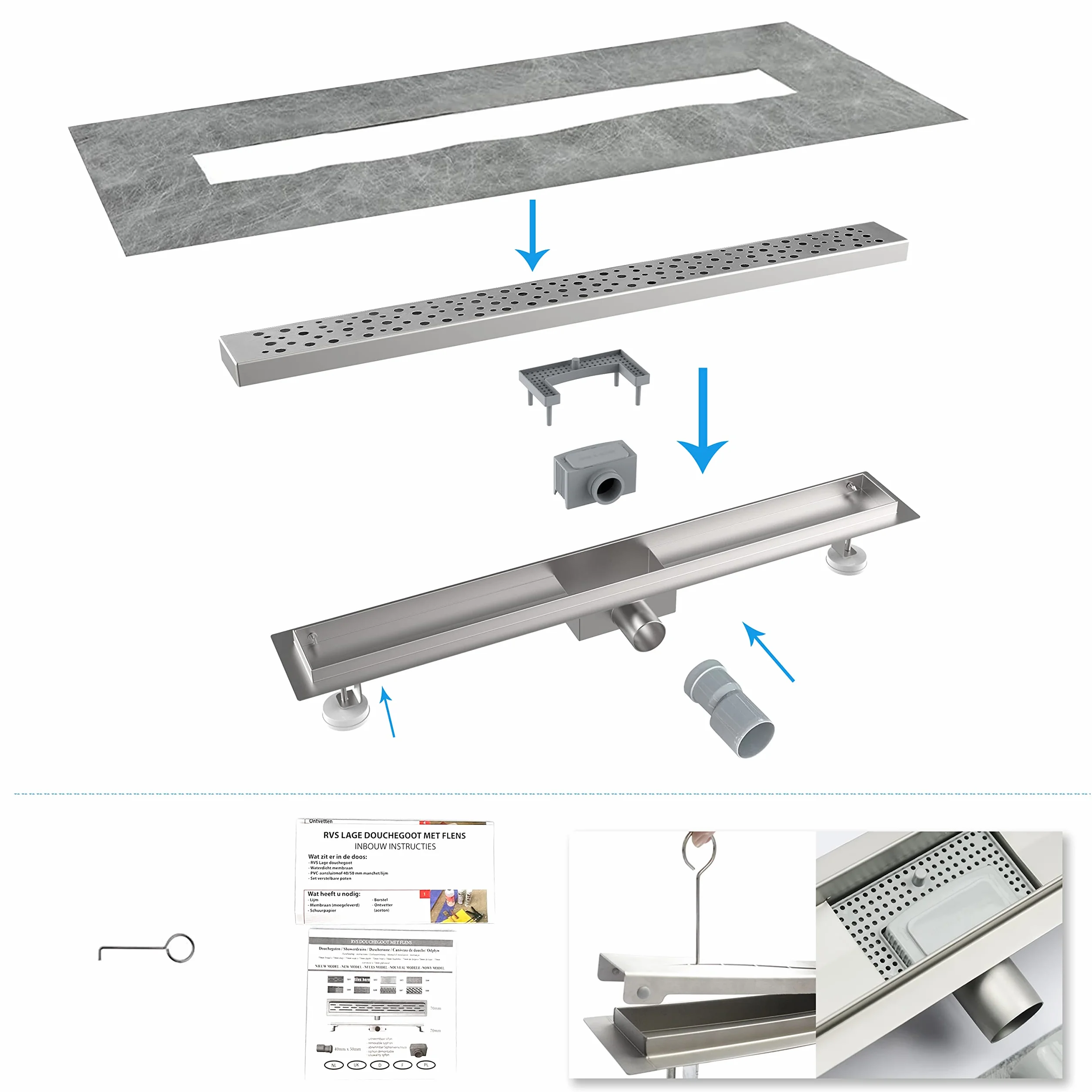 AICA ITALY Canale per Doccia con Sifone, Canale di Scolo con Dispositivo Deodorante e Filtro per Capelli, Canalina di Scarico a Pavimento 80 cm, Griglia con Disegno di Cavi Rontondi, Rettangolo