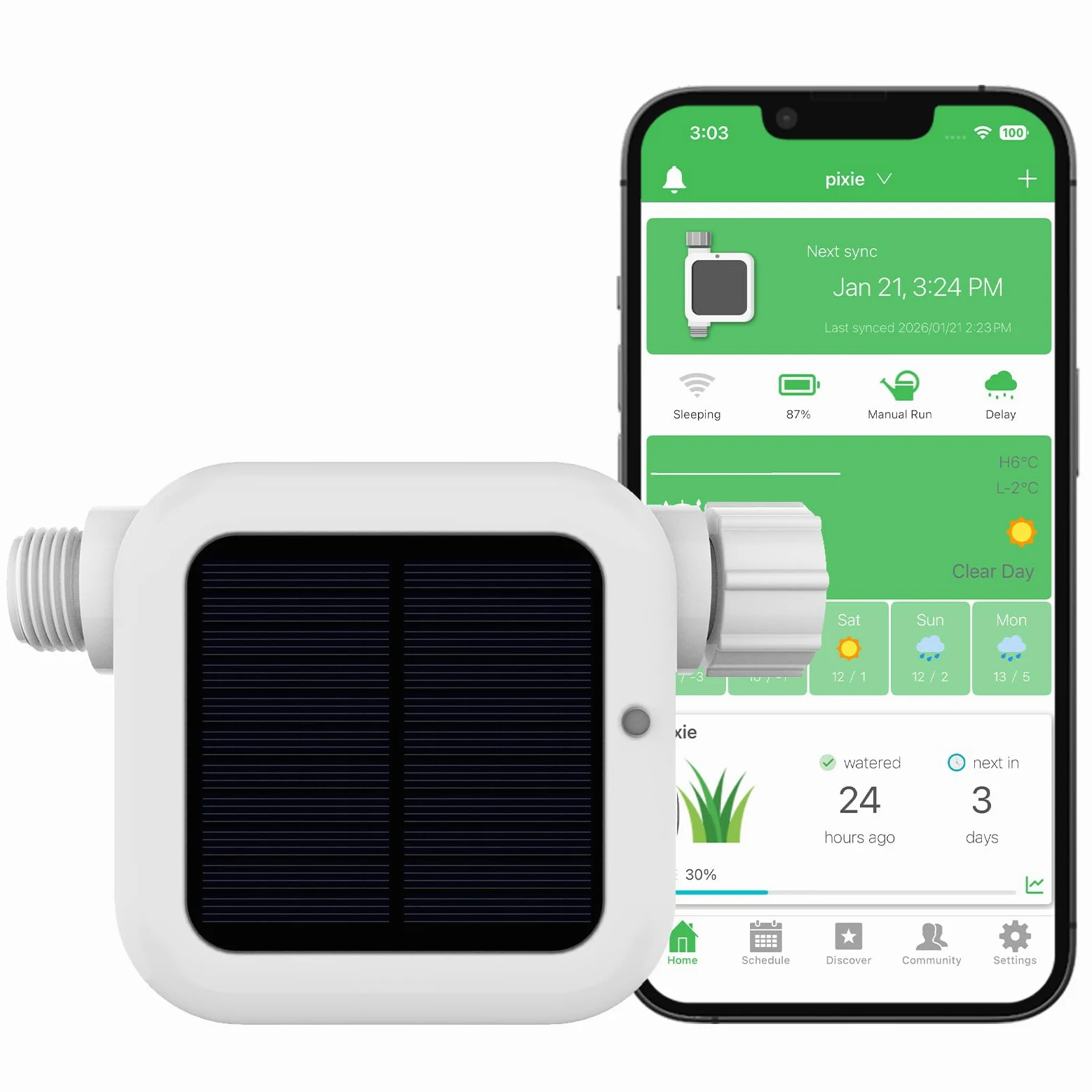 Netro Pixie - Timer intelligente per tubo per irrigazione, collegato a WiFi, alimentato a energia solare, con sensore meteo