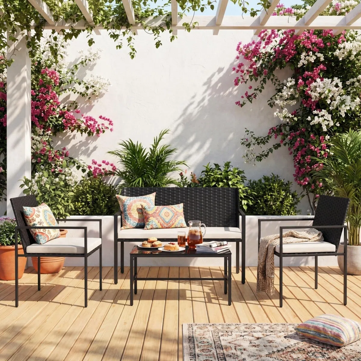 GIANTEX Set di Mobili da Giardino in Rattan per 4 Persone, Composto da 2 Poltrone e Tavolo in Vetro Temperato, Mobili Multiuso per Balcone, Terrazza e Veranda