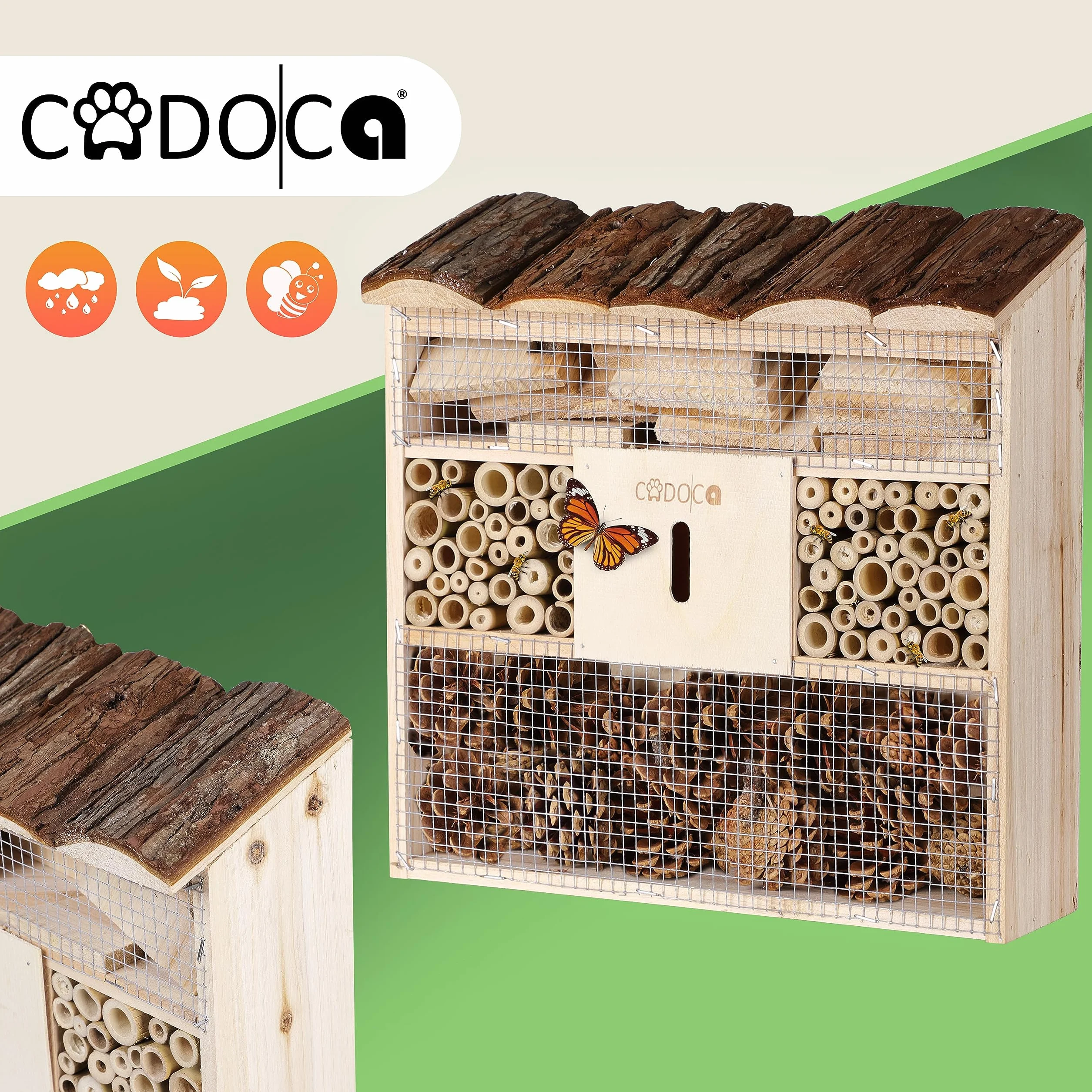 Cadoca Cassetta per insetti in legno 31x31 nidificazione hotel insetti refugio api coccinelle api vespe griglia metalica