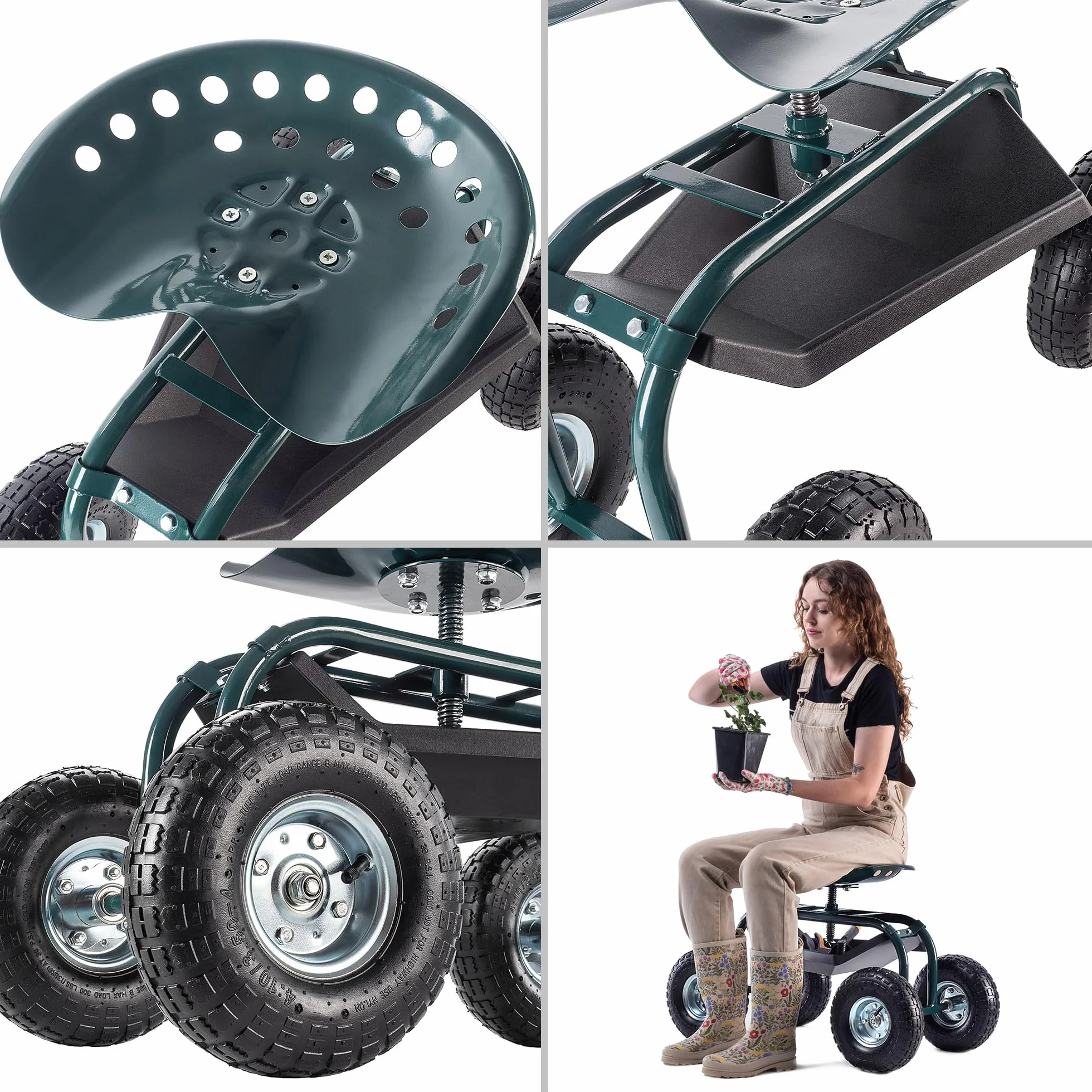 KADAX Sedia da giardino con ruote per giardinaggio, carrello da giardino con pratico ripiano, sedile da giardino mobile, sgabello da giardino con ruote (verde - nero)
