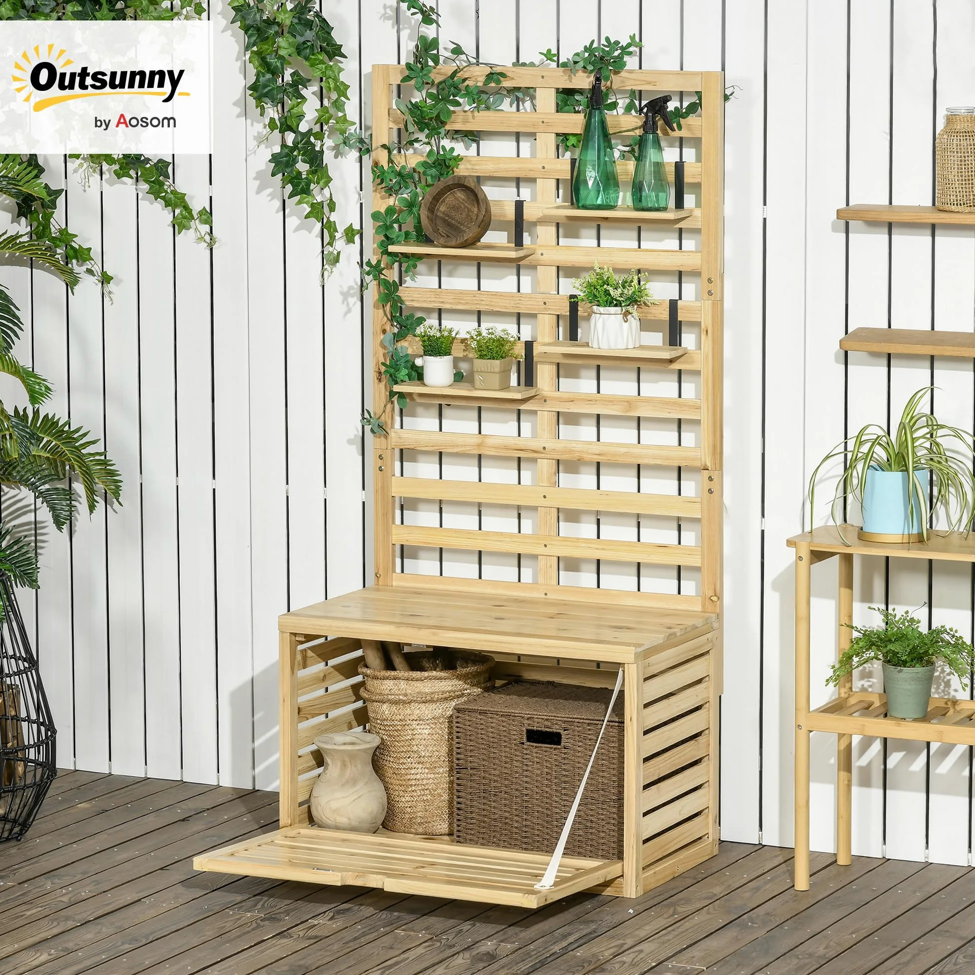Outsunny Cassapanca da Giardino in Legno di Abete con Traliccio Integrato e 4 Ripiani, Cassapanca Contenitore da Esterno Impermeabile con Chiusura Magnetica, 80x45x160 cm, Colore Legno