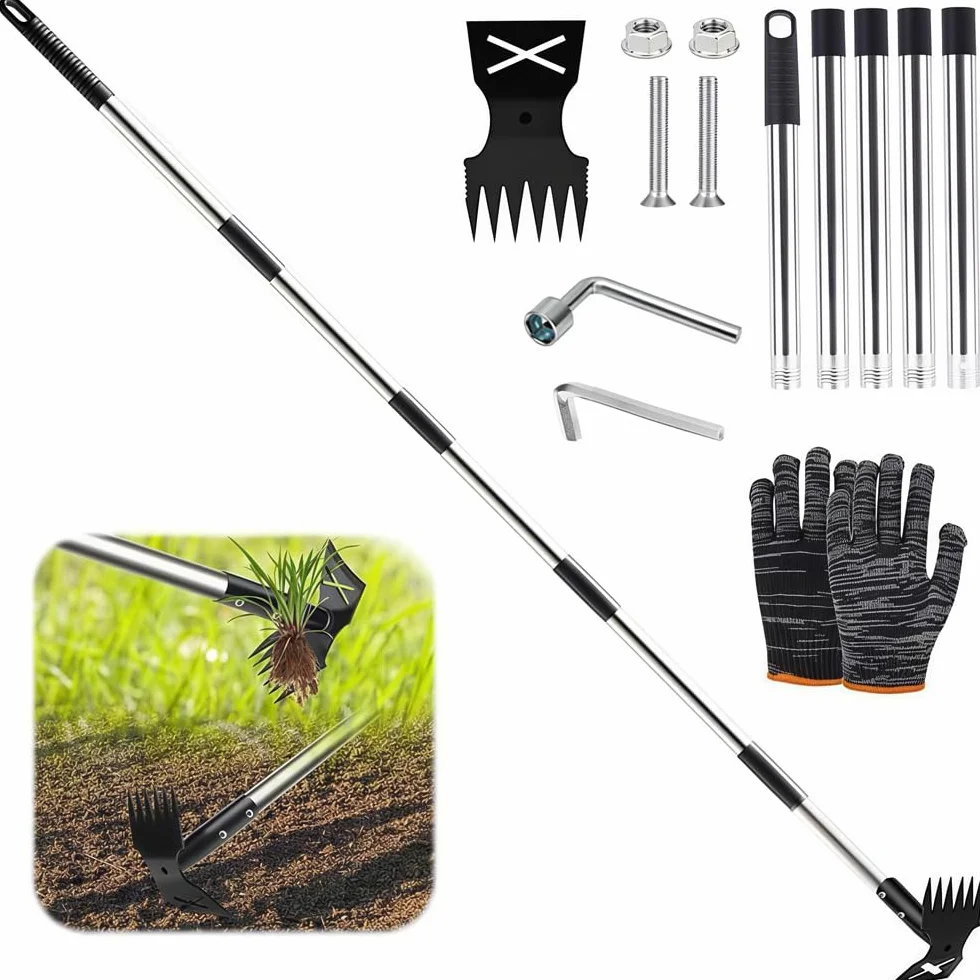 Estirpatore Erbacce con Manico Lungo 180 cm, Strumento da Giardinaggio 2 in 1, Strumento per Rimuovere le Erbacce con Manico Lungo, per Erbacce e Zappa da Giardino, Resistente, per Cortile, Prato