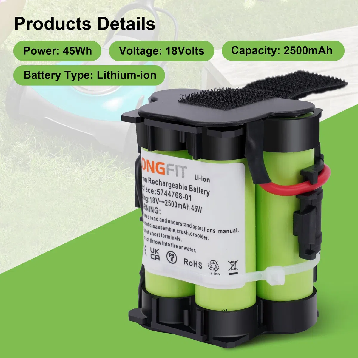 Batteria di Ricambio 18V 2,5Ah Compatibile con il Tosaerba Robotizzato Gardena R38Li, R40Li, R45Li, R50Li, R70Li, R75Li, Automower 105 305 308 308X, Flymo 1200R, McCulloch ROB R600 R800
