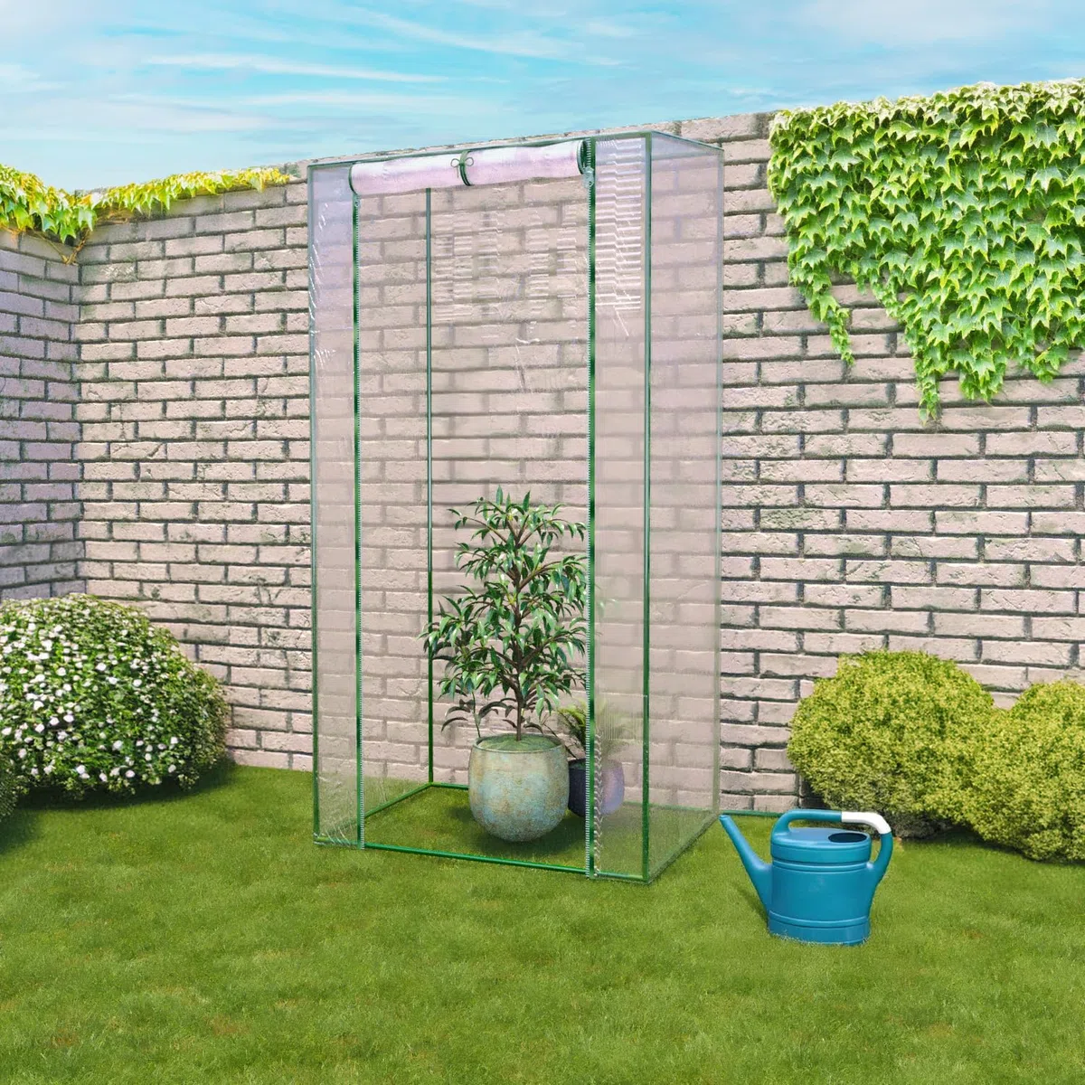 Serra Per Orto Giardino Terrazzo Balcone Senza Ripiani Struttura Metallo Verniciato Telo Trasparente In PVC Porta Avvolgibile Apertura A Cerniera Protezione Piante Giardinaggio 95 x 70 x 190 Cm