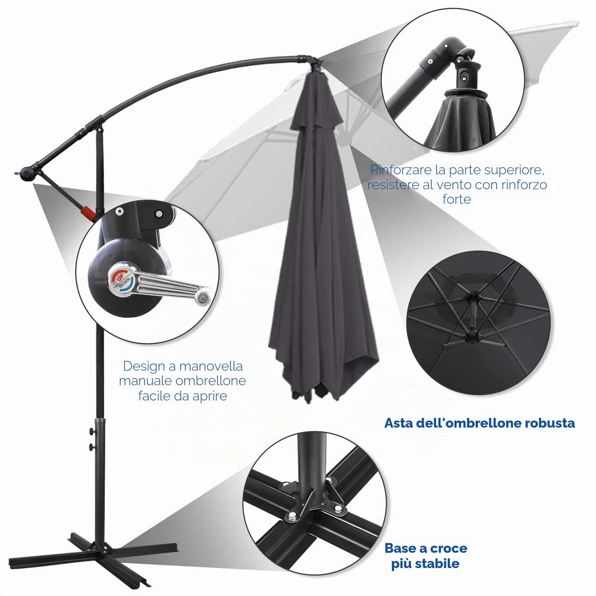 Fiqops Ombrellone LED a energia solare, Ø 350 cm, con manovella, in alluminio, con supporto, protezione solare, protezione dai raggi UV, in alluminio, per il mercato, impermeabile per il giardino
