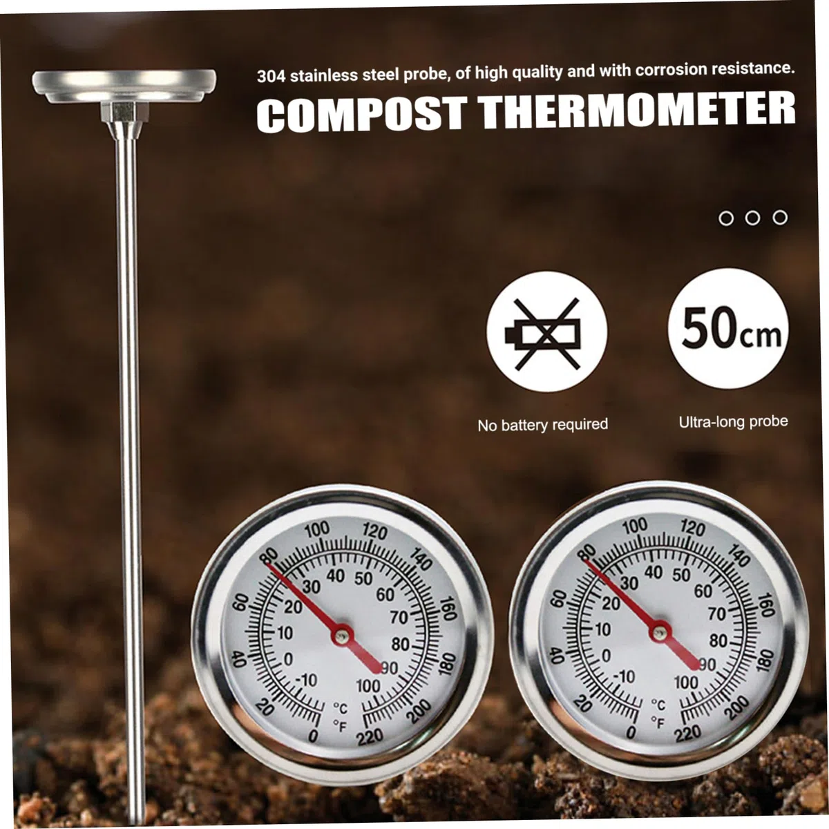 Termometro per compost portatile, quadrante da 2 pollici in acciaio inossidabile con stelo da 20 pollici per terriccio Termometro per terreno da giardino per compost per giardinaggio