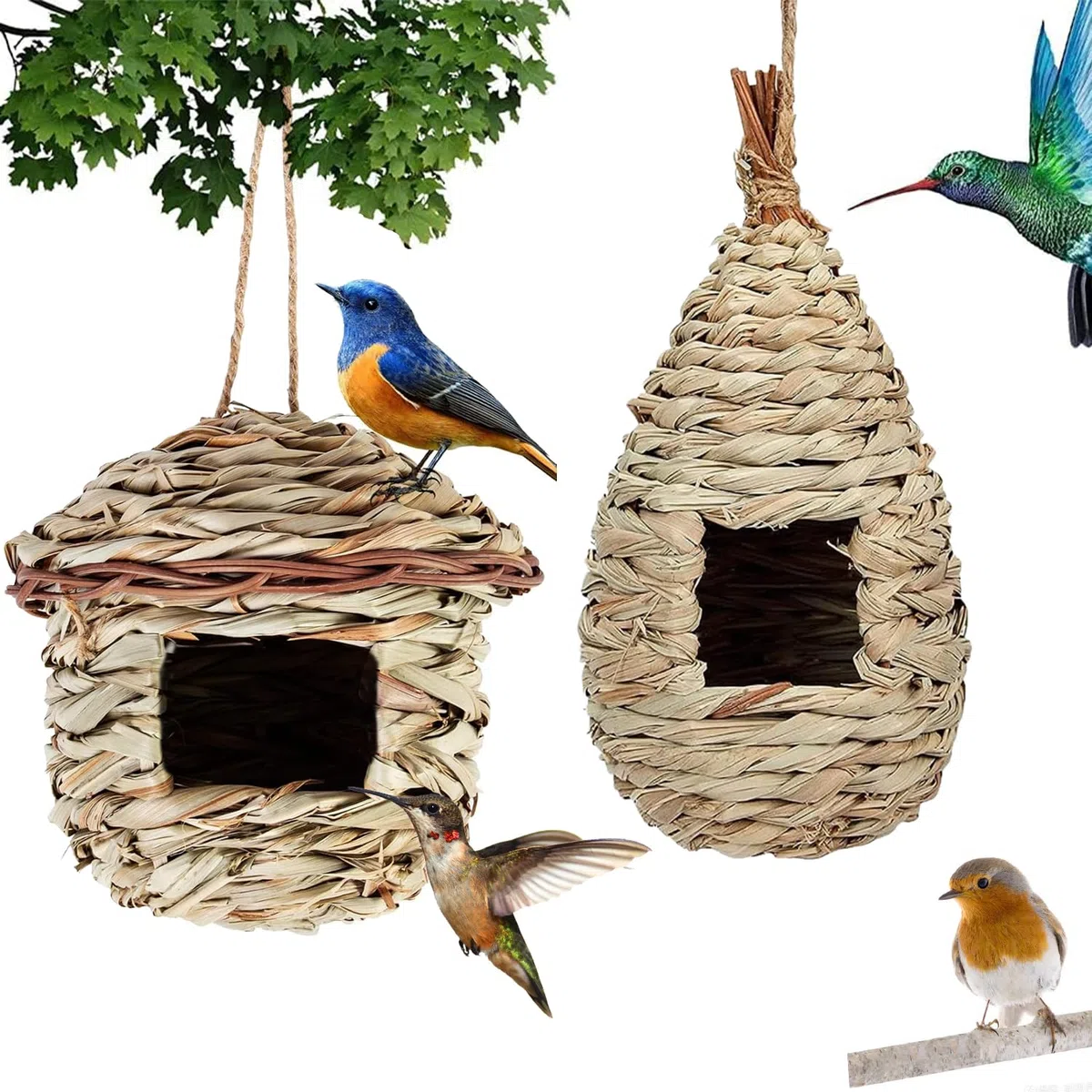 2 Pezzi Nido Uccello Erba Casetta, Casa Degli Uccelli di Paglia, Nido per Uccelli Selvatici All'aperto, Casetta Uccellini da Esterno per Uccellini Come Colibrì, Merli, Passeri e Cinciarelle