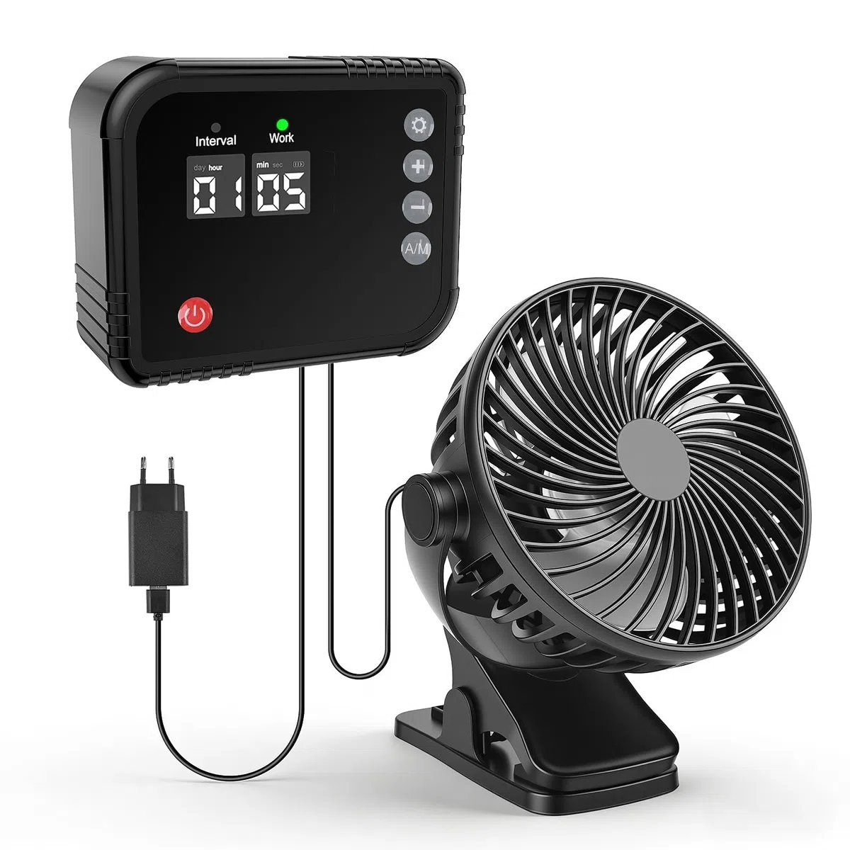 Ventilatore per Grow Box con Timer Programmabile, Ventilatore per Piante 360° con Display LED, 1–60 min e 1–24 h, Cavo 2,9 m, Ventilazione per Serra, Terrario e Piccoli Animali