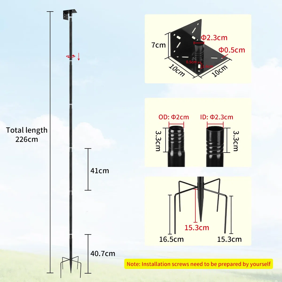 1 Pezzo Supporto regolabile per casetta per uccelli 220cm Set universale per giardino con base a 5 bracci per mangiatoie, stazioni meteorologiche (Senza casetta per uccelli e viti), Nero