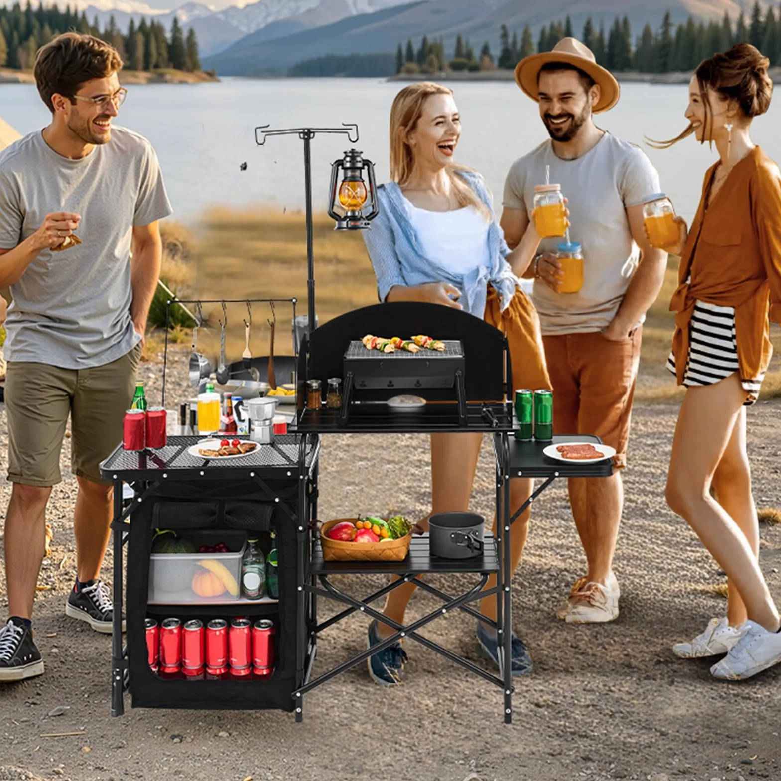 VEVOR Tavolo da Cucina da Campeggio all'Aperto, Stazione di Cottura Portatile in Alluminio con Armadio Portaoggetti, Borsa per Trasporto, Parabrezza Staccabile, per Barbecue, Festa, Picnic, Nero