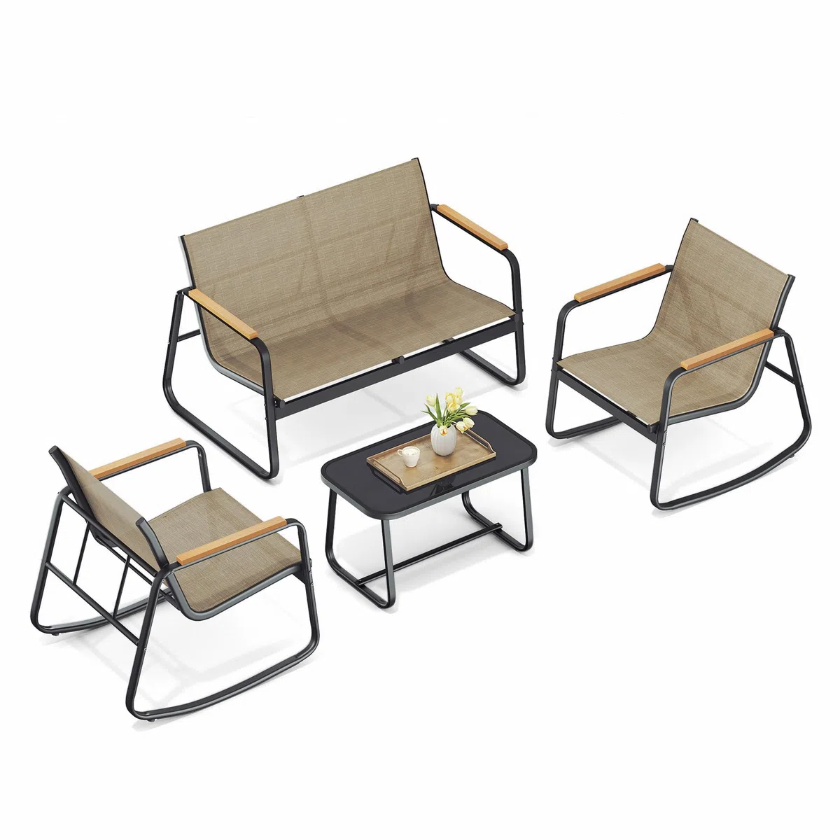 SONGMICS Set Mobili da Giardino, Set da Balcone, 2 Sedie a Dondolo con Tavolino, Panchina da Giardino, Acciaio, Tessuto Sintetica Traspirante, per Terrazza e Giardino, Marrone Chiaro GGF0028KZ01