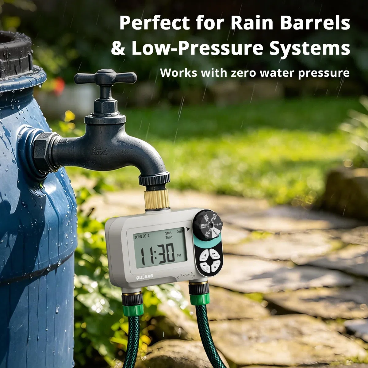 QUOBAS Timer per irrigazione a pressione zero con blocco bambini, timer programmabile per tubo da giardino con porte in ottone, sistema di irrigazione manuale o automatico, 2 zone di irrigazione per
