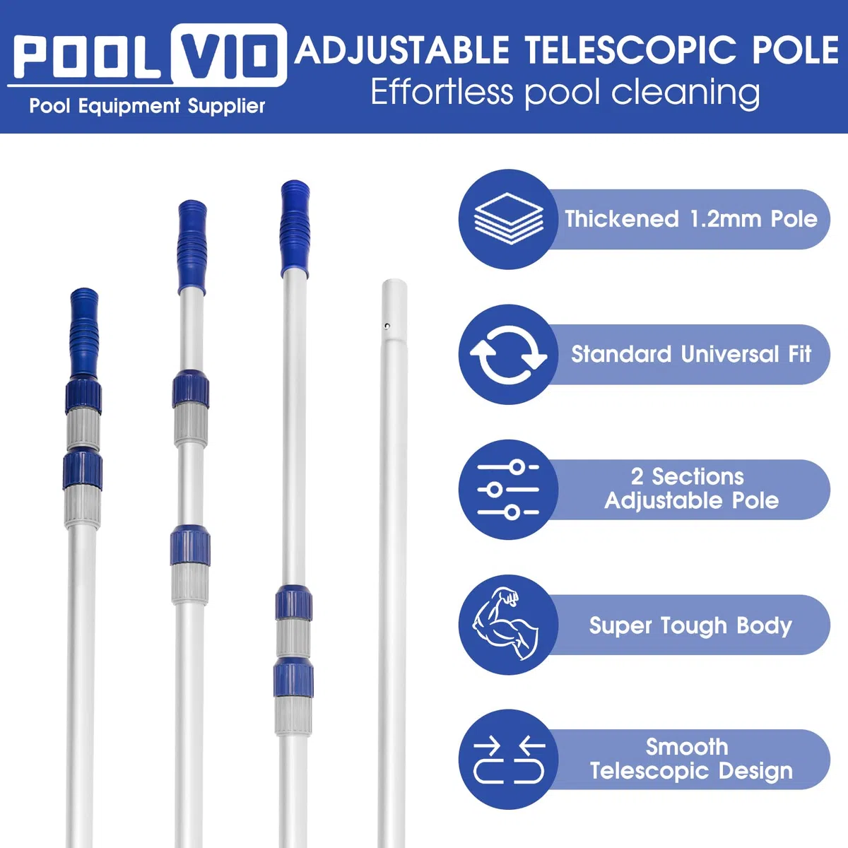 Poolvio Palo telescopico per piscina da 3,5 m, regolabile, in alluminio, 2 pezzi, per la pulizia della piscina, retine, testine aspiranti e spazzole, presa forte e blocco