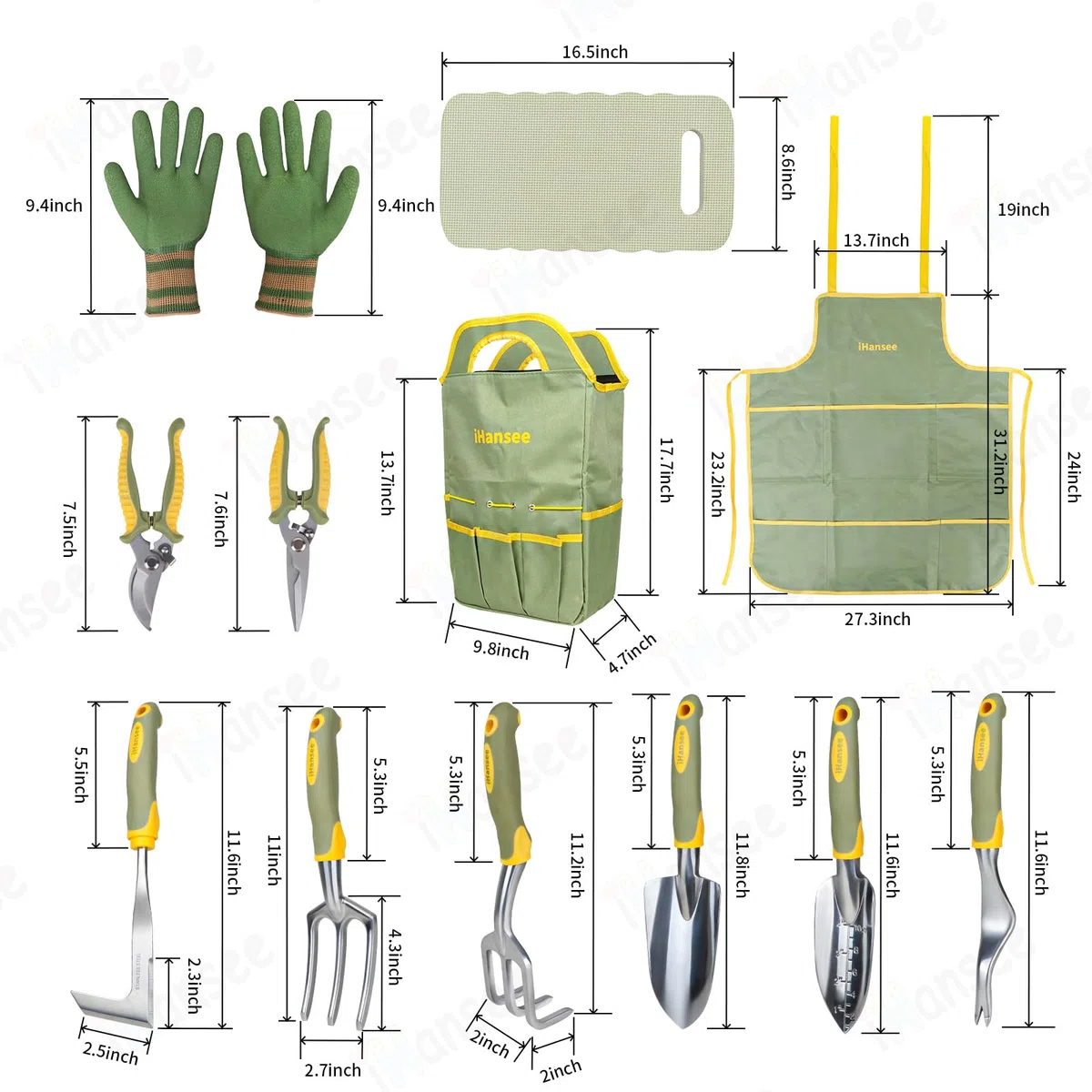 Set di 12 attrezzi da giardino, in alluminio resistente, con manico in gomma antiscivolo, grembiule da giardino, guanti, ginocchiera e borsa portaoggetti, attrezzi da giardino per