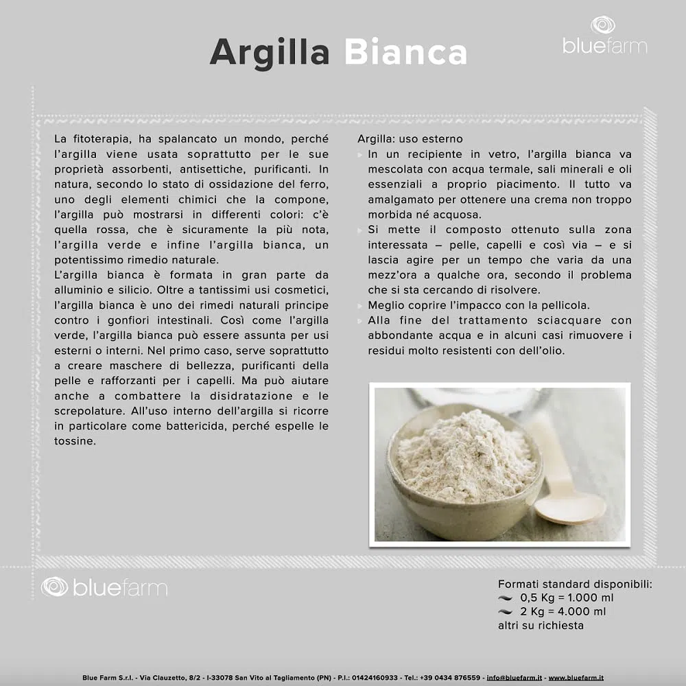 BLUE FARM | Argilla Bianca in polvere gr 500 super ventilata, micronizzata e disidratata. Prodotto 100% puro, naturale, originale e non trattato.
