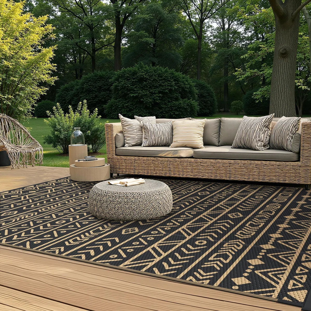Genimo Tappeto da Esterno Impermeabile Eeversibile Lavabile Plastica, Terrazza, Giardino, Camper, Picnic, Balcone, Boho Nero Marrone, 275x365 cm