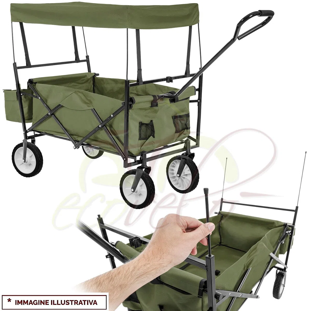 ECOVELO' CARRELLO A MANO PIEGHEVOLE DA SPIAGGIA MAX 80KG CON TETTUCCIO CARRETTO DA GIARDINO RICHIUDIBILE PER CAMPEGGIO