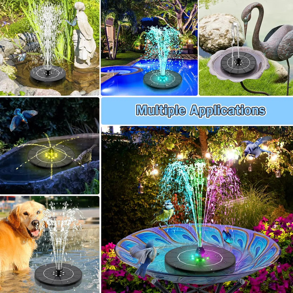 SZMP Fontana Solare 3.5W, 2026 Nuovo Pompa ad Acqua Solare con 2200mAh Batteria, 8 Luci LED Colorate Fontana da Giardino Esterno con 8 Ugelli e 4 Fissatori, per Bagno per Uccelli, Giardino Piscina