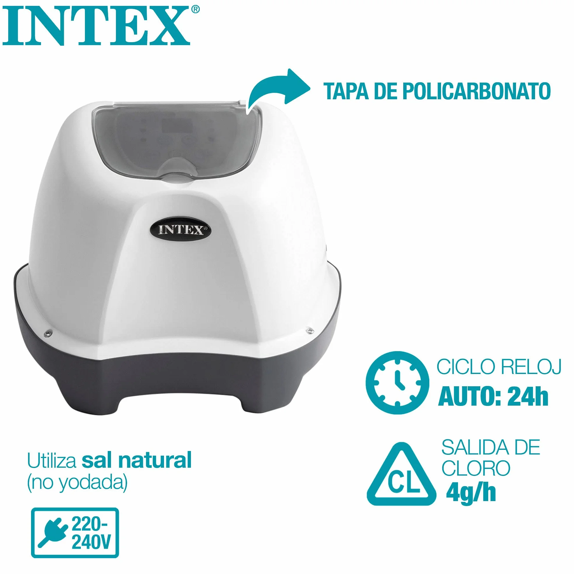 Intex 26664 - Generatore Salino di Cloro Krystal Clear, per Pompa Filtro 1136-3785 L/h, Produzione Cloro 4 g/h, per Piscine Piccole fino a 17413 L, Plastica, Bianco