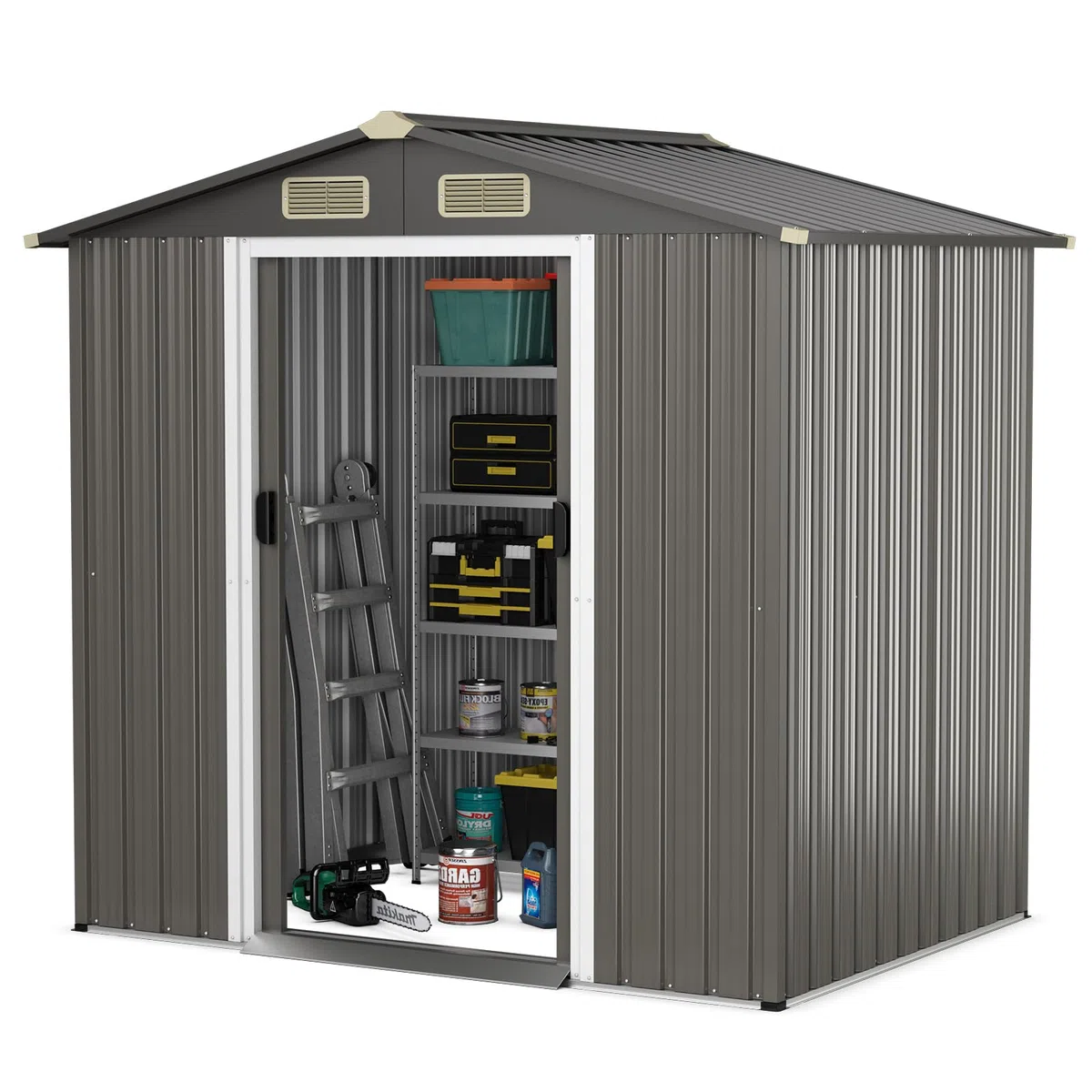 HOMASIS Casetta da Giardino in Metallo, Capannone per Attrezzi con Tetto a 2 Falde e Fondamenta, Capanno con 4 Finestre e 2 Porte Scorrevoli (Grigio scuro, 196 x 142 x 186 cm, 3,68 m³)