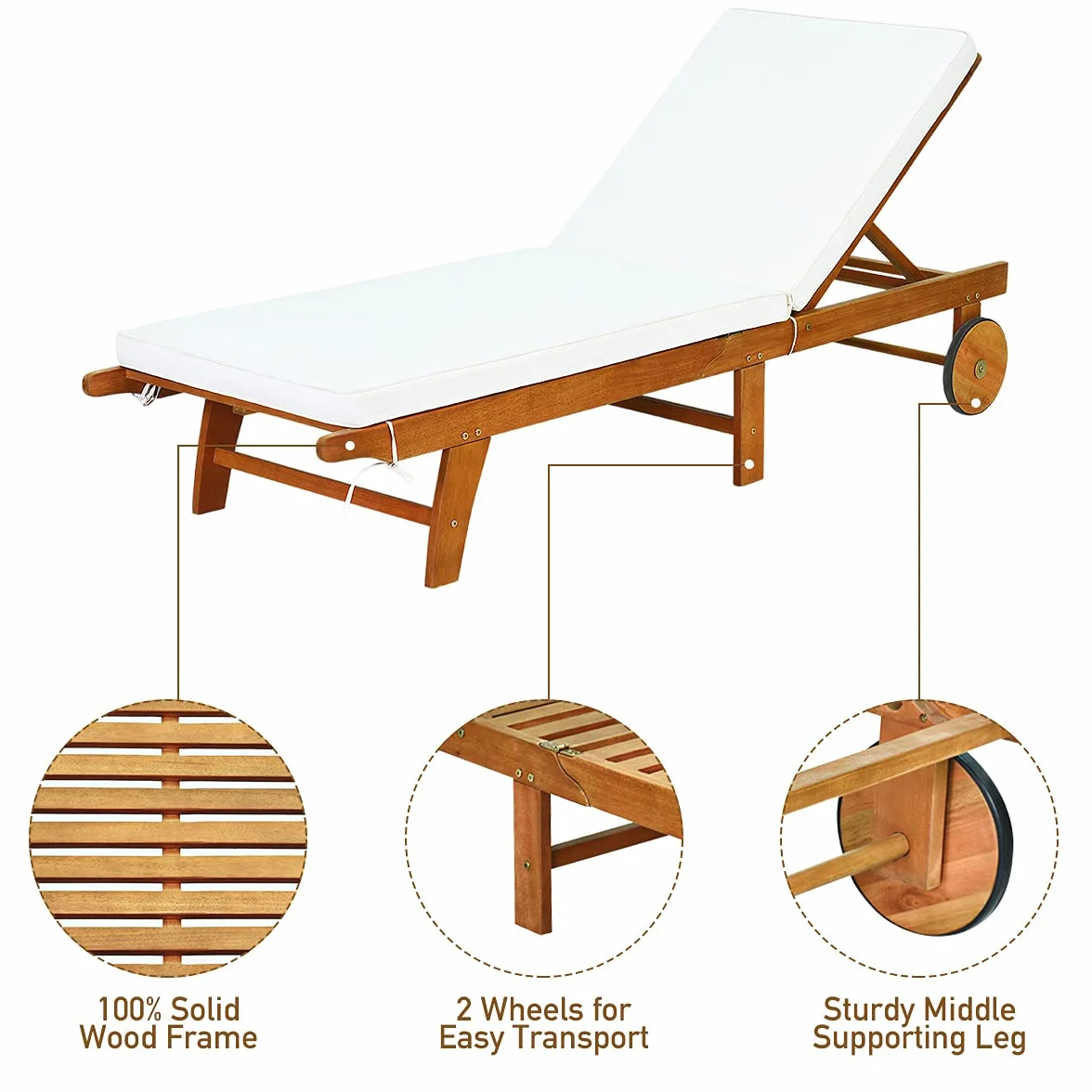 KOMFOTTEU Lettino Prendisole con Schienale Regolabile, Sedia Sdraio in Legno di Eucalipto, Sdraio dav Spiaggia con Cuscino e 2 Ruote, Portata fino a 160 kg, Natura e Beige, ‎195 x 68 x 30-90 cm (1)