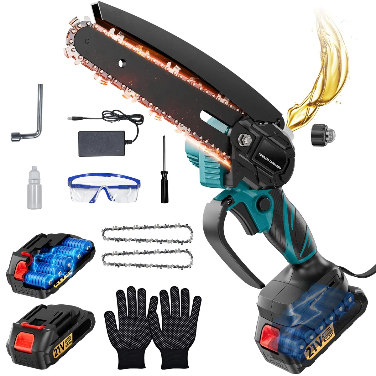 Mini motosega a catena con batteria da 6 pollici, motore senza spazzole da 550 W, 2 x 4000 mAh, con olio automatico e interruttore di sicurezza, sega a mano leggera per giardinaggio