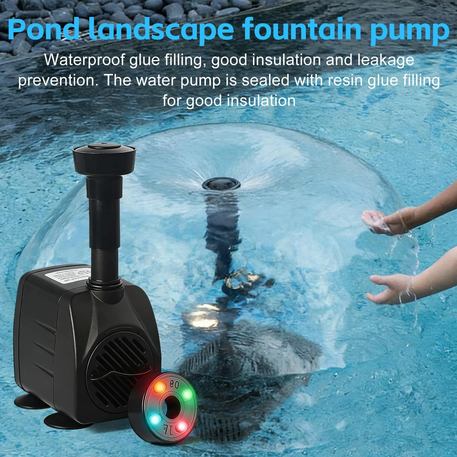 Pompa per fontana, 600 l/h, 15 W, per esterni, 220 V, 3 in 1, con 4 LED, pompa da giardino, fontana, pompa per giochi d'acqua, pompa per ruscello, fontana per giardino, stagno, fontana