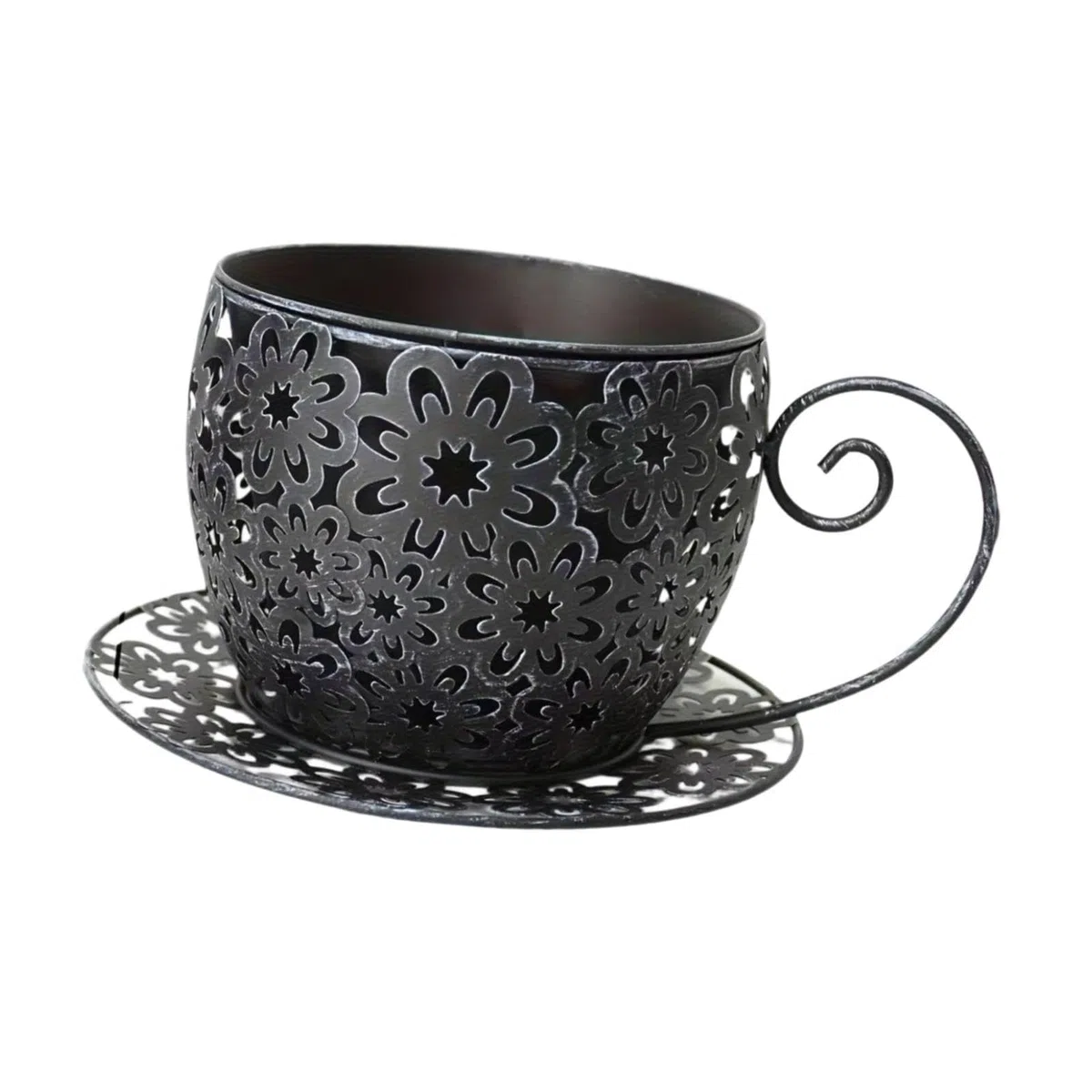 F Fityle Vaso da Fiori a Forma di Tazza da tè, Vaso Decorativo Antico in Metallo Cavo per Piante, Ideale per L'Estate, Balcone, Stile Rustico, Patio e, Nero