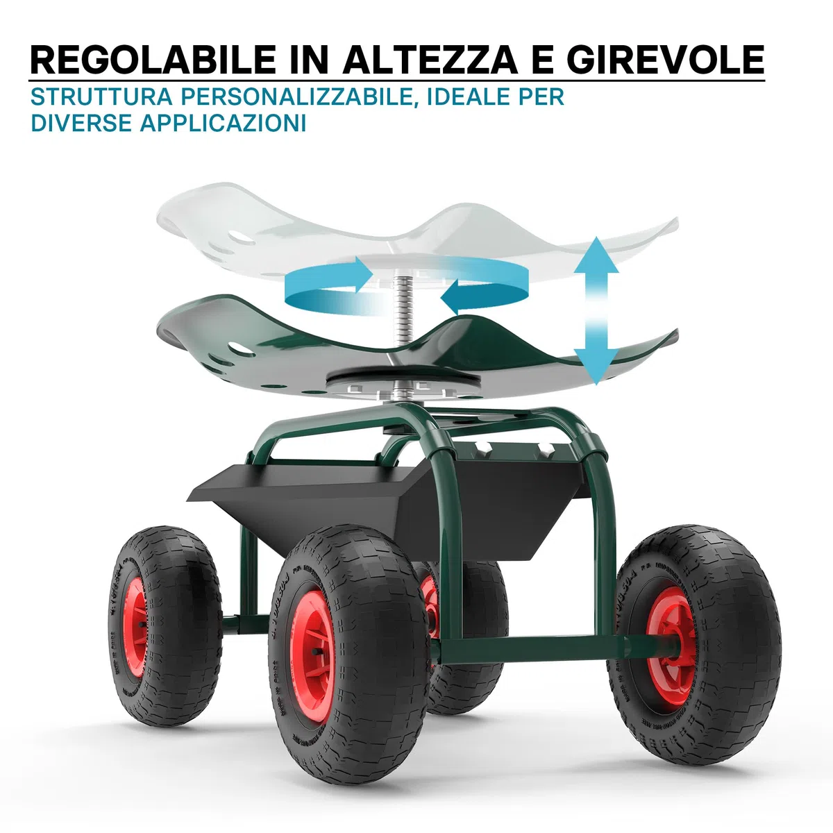 Wiltec Sgabello da Giardinaggio e Officina con Ruote e Porta Oggetti, Sgabello a Carrello, Portata 150 kg
