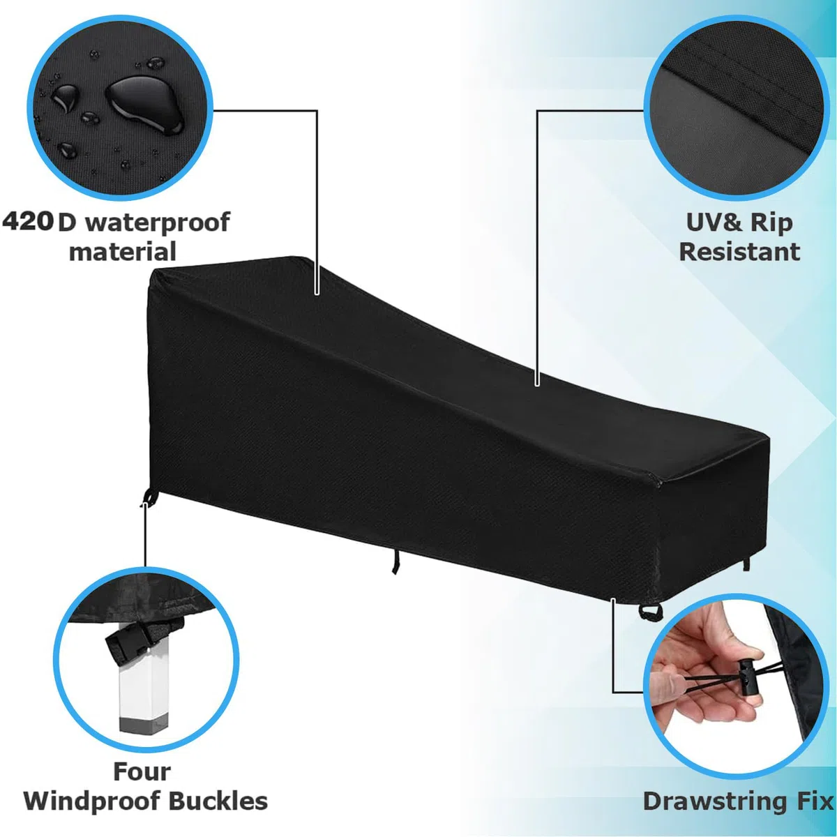 GARPROVM Copertura per sedia a sdraio da giardino, resistente alle intemperie, 200 x 75 x 40/70 cm, tessuto Oxford 420D, impermeabile, antivento, antipolvere, resistente ai raggi UV, copertura per