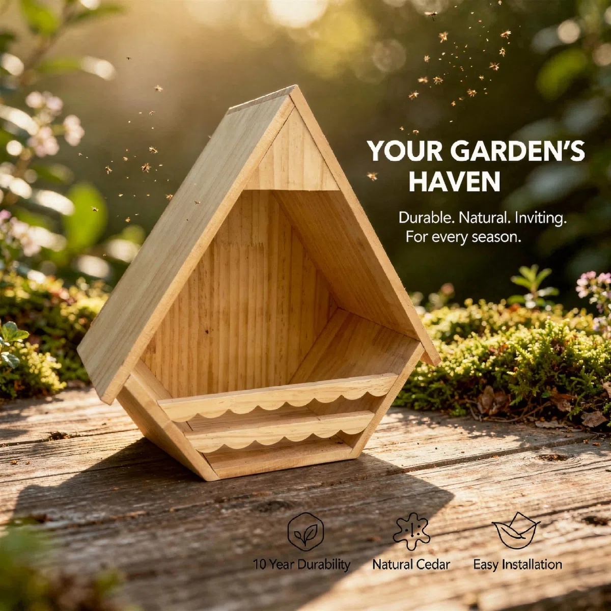 Casetta per uccelli in legno di pino, 30 x 30 x 16 cm, design aperto, gabbia per uccelli con tavola robusta, per giardino e cortile, habitat per uccelli con posatoi