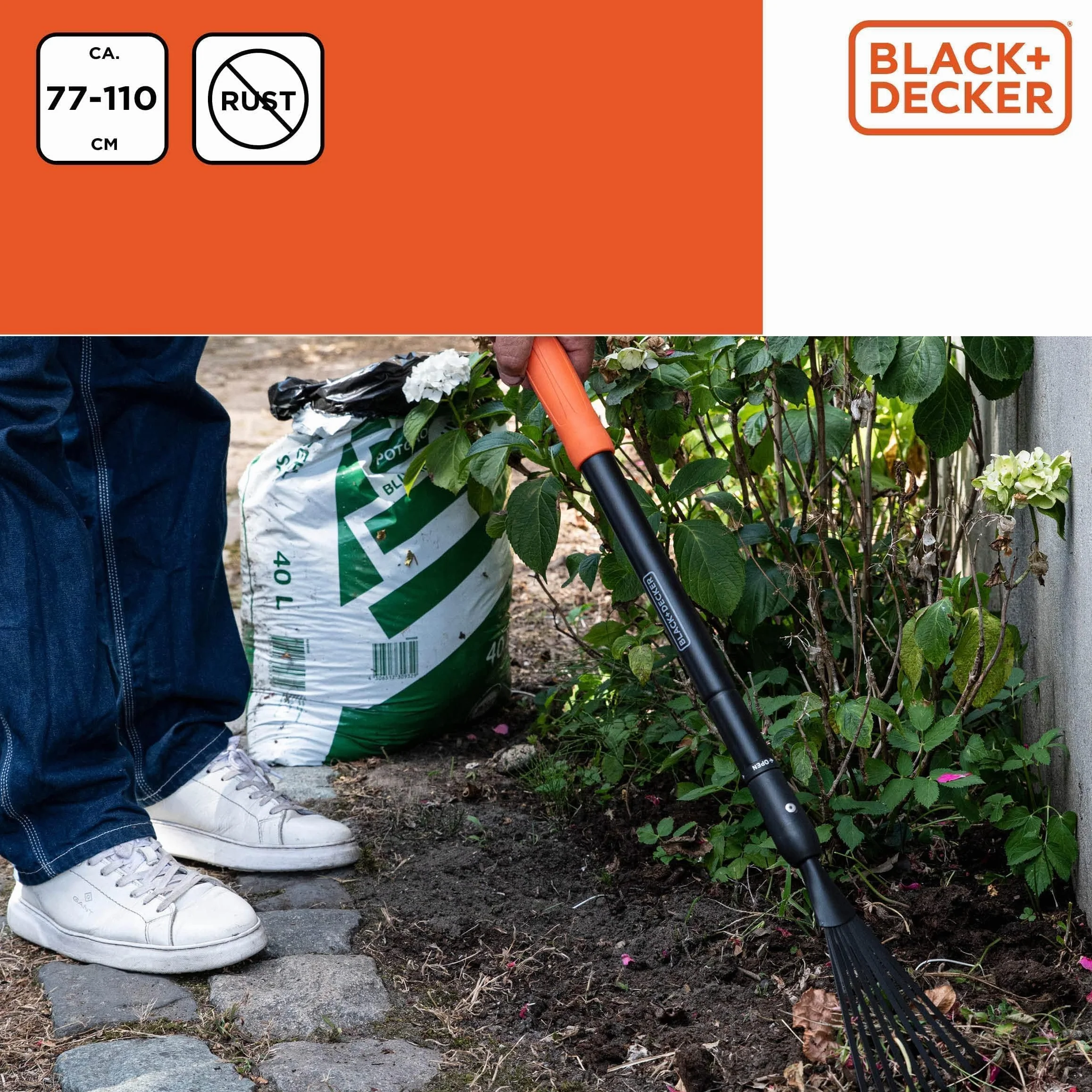BLACK+DECKER Laubrechen BXGTTO7050 – Regolabile da 77 a 110 cm – Rastrello – Rastrello – Resistente alla ruggine – Nero/Arancione