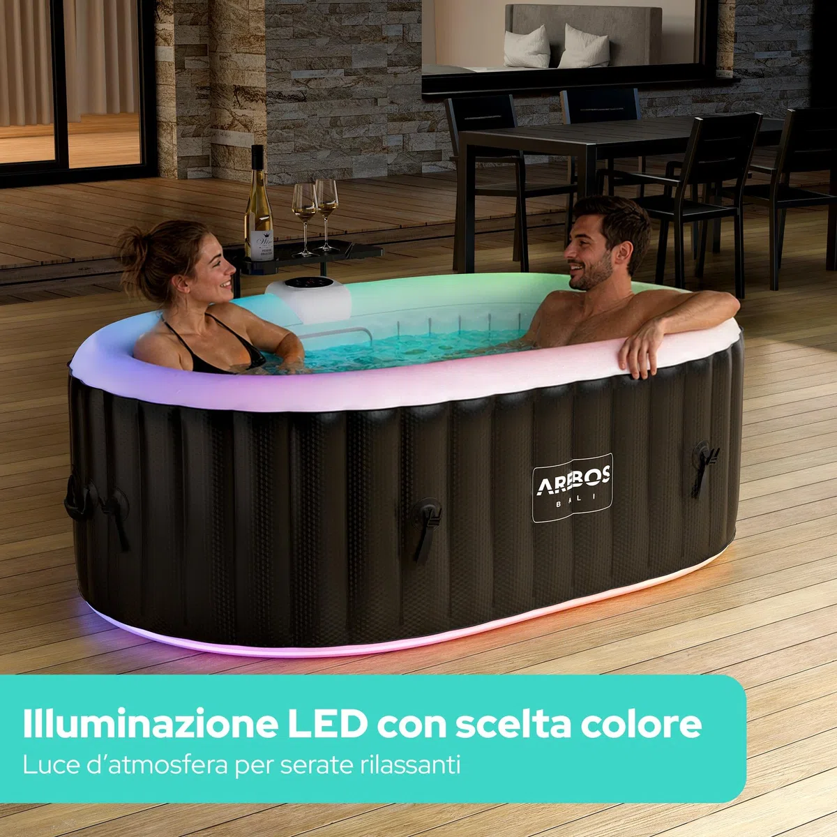 Arebos Vasca idromassaggio con illuminazione a LED | Gonfiabile | Indoor & Outdoor | 190x120 cm ovale | 2 persone | 90 getti di massaggio | con riscaldamento | 550 litri | Incl. copertura | Bubble Spa