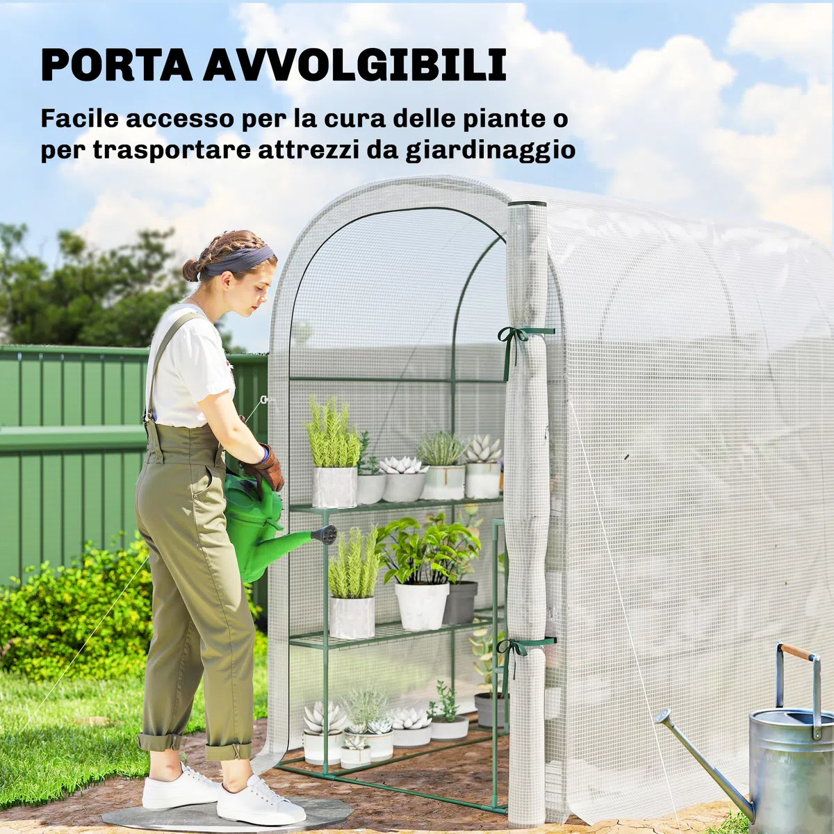 Outsunny Serra da Giardino con Scaffali a 2 Livelli e Porta Avvolgibile, Serra per Orto con Struttura in Acciaio, Copertura in PE Anti-UV, per Orto Verdure Fiori Piante, 123x187x189 cm, Bianco