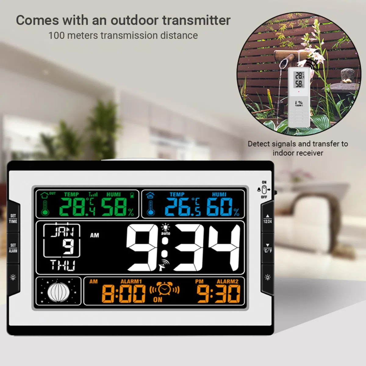 Orologio Digitale per Temperatura Interna ed Esterna, umidità, termoigrometro, igrometro, Ampio Display a Colori, retroilluminazione, Calendario perpetuo, Fase lunare, Allarme