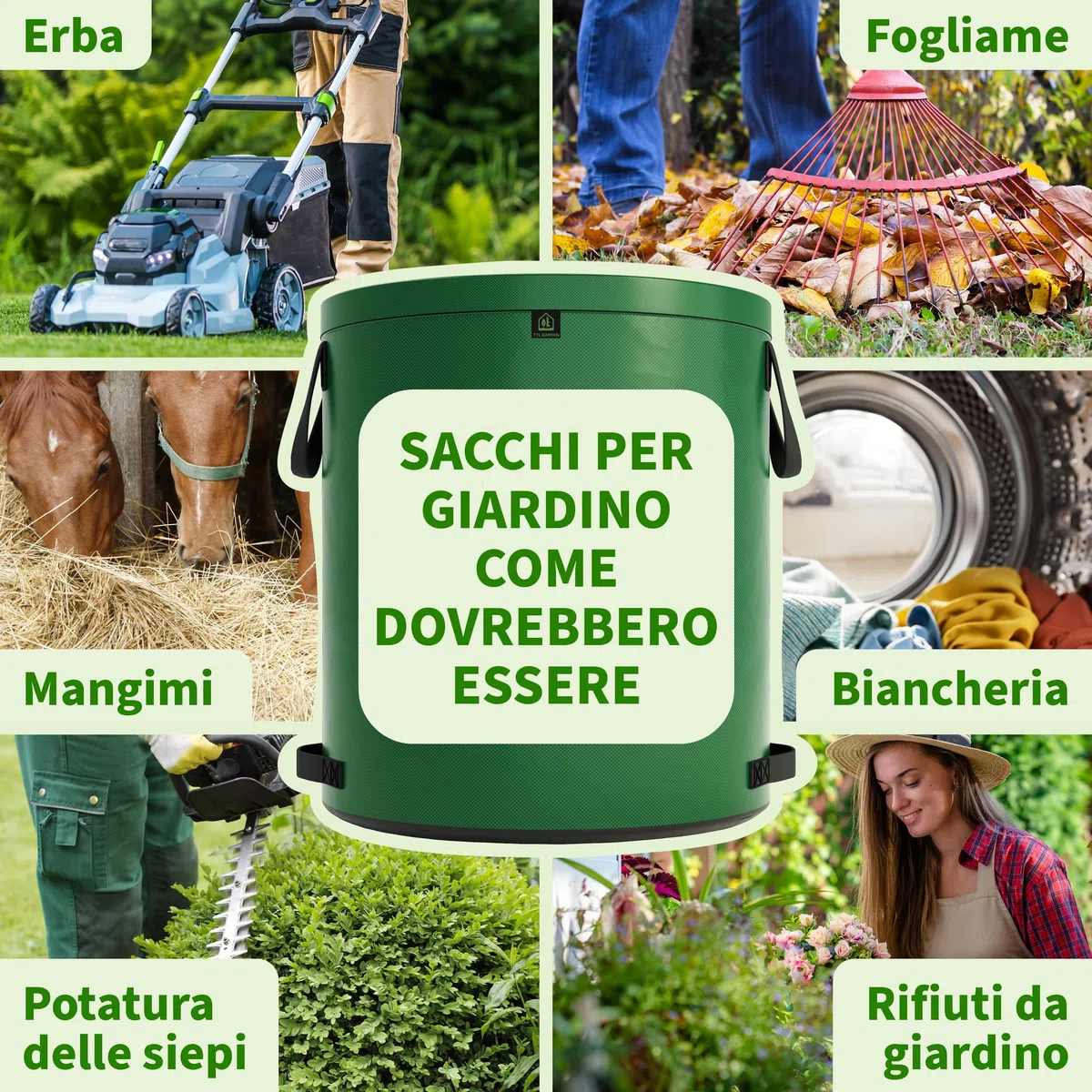 TTL Garden 2 sacchi da giardino Super Solid, 272 l, colore verde, doppio fondo, 2 x 200 g/m², extra stabili e antistrappo, 4 manici, grandi e robusti, set da 2 sacchi per foglie, siepe, rifiuti da