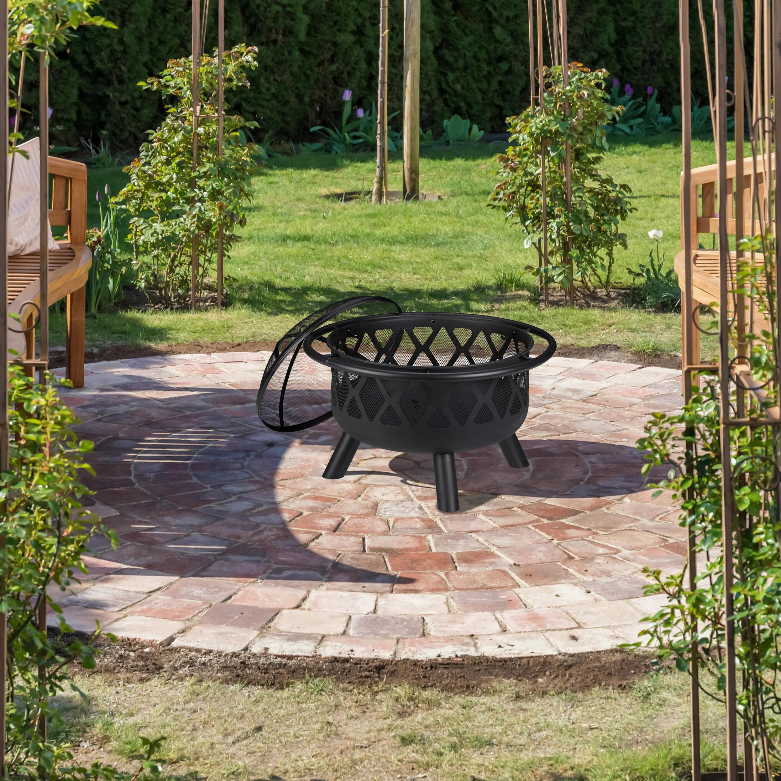 Relaxdays Braciere con Protezione Parascintille, D:75 cm, Giardino & Terrazza con Attizzatoio, Camino da Esterno, Nero