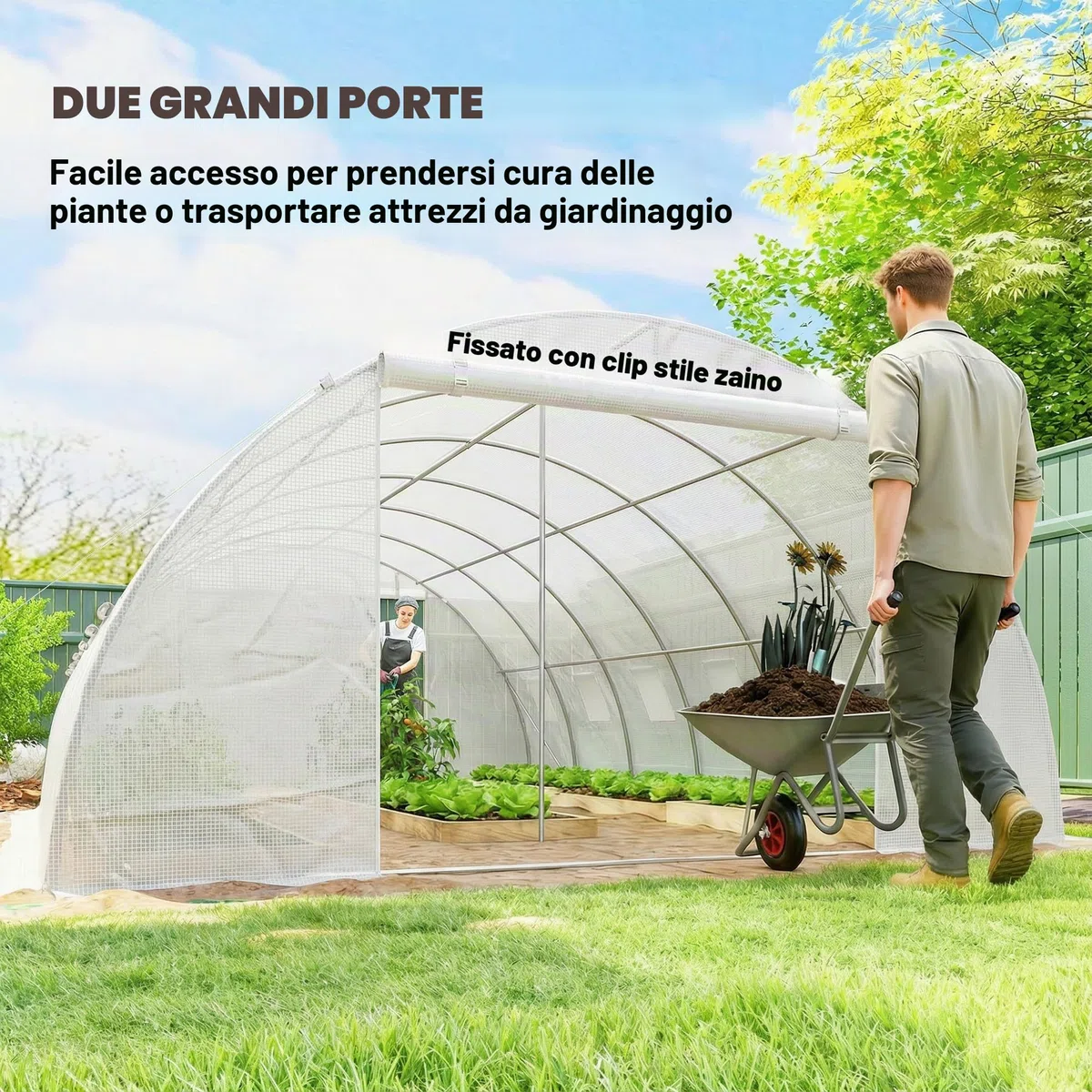 Outsunny Serra da esterno 6x4x2 m, Serra a tunnel con 2 aste di supporto, porte avvolgibili, finestre con rete, copertura in PE e telaio in acciaio zincato, anti-UV, impermeabile, bianca