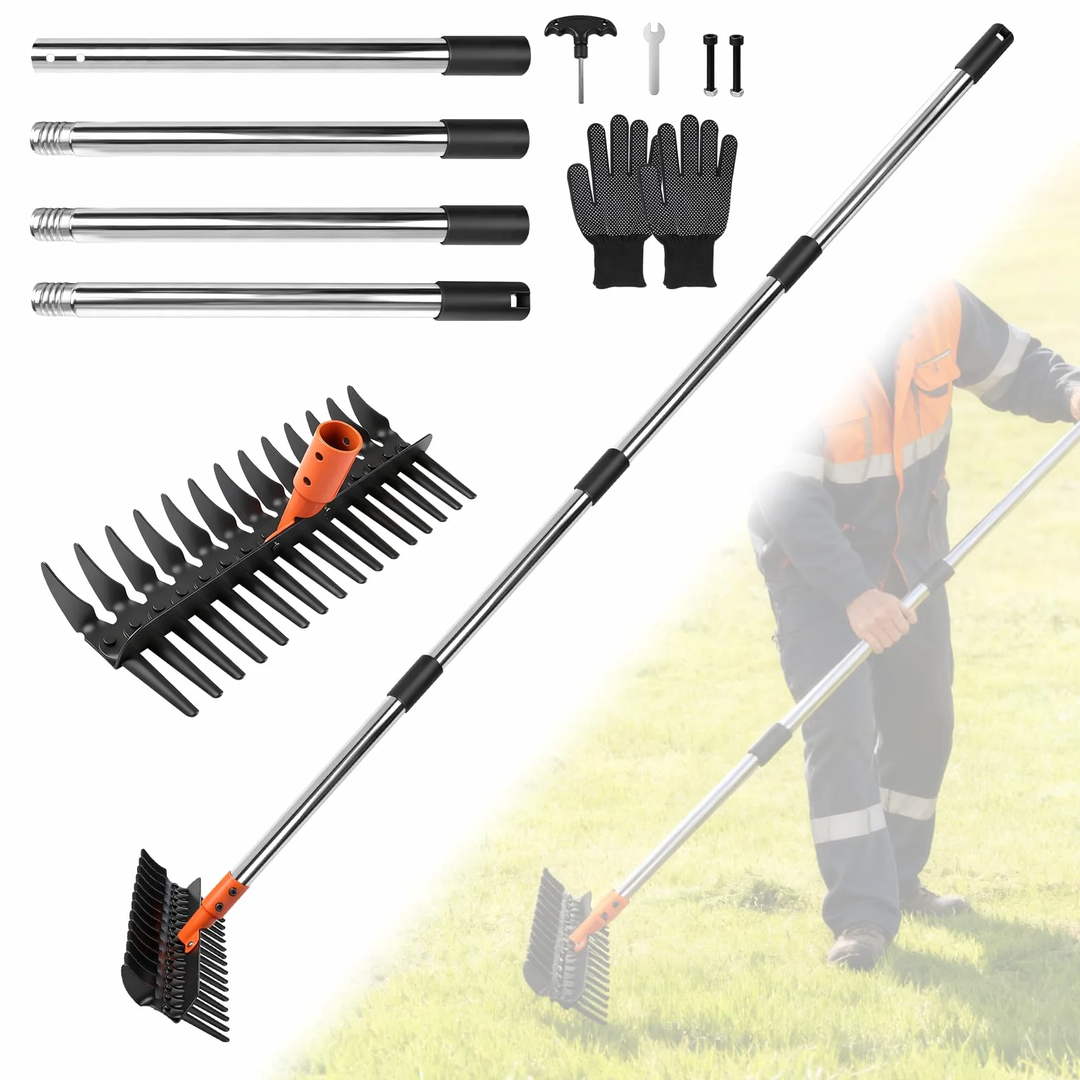 Rastrello Giardino per Erba con Manico Regolabile 75cm/110cm/145cm, Rastrello per Foglie, Rastrellos per Paglia, Estirpatore Erbacce Manuale per Arare e Dissodare il Terreno