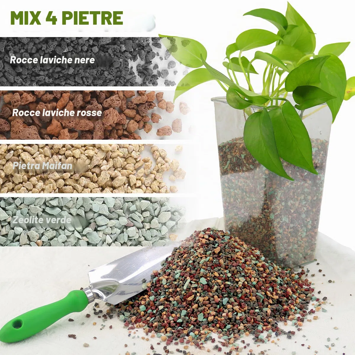 Miscela di Sassi Vulcanici 1.4 kg (3 lb) - Pietre per Piante in Vaso 4 in 1 (Lava Rossa, Lava Nera, Zeolite Verde, Maifan) 3-6mm - Sassolini Decorativi per Vasi, Orchidee, Bonsai, Giardino