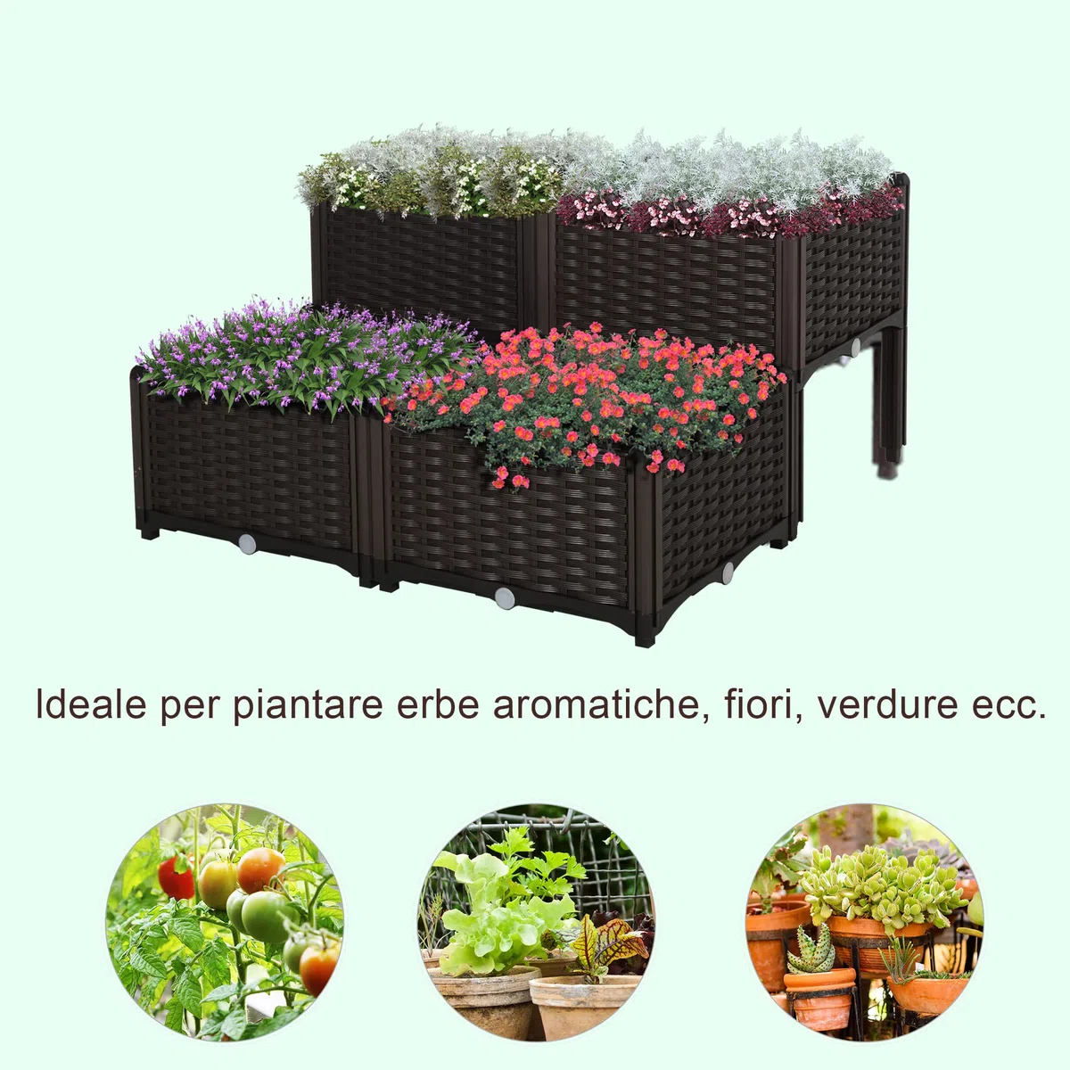 Outsunny Set 4 Pezzi Fioriere da Esterno Autoirriganti Rialzate Letto da Giardino Rialzato per Fiori Effetto Rattan in PP, Marrone